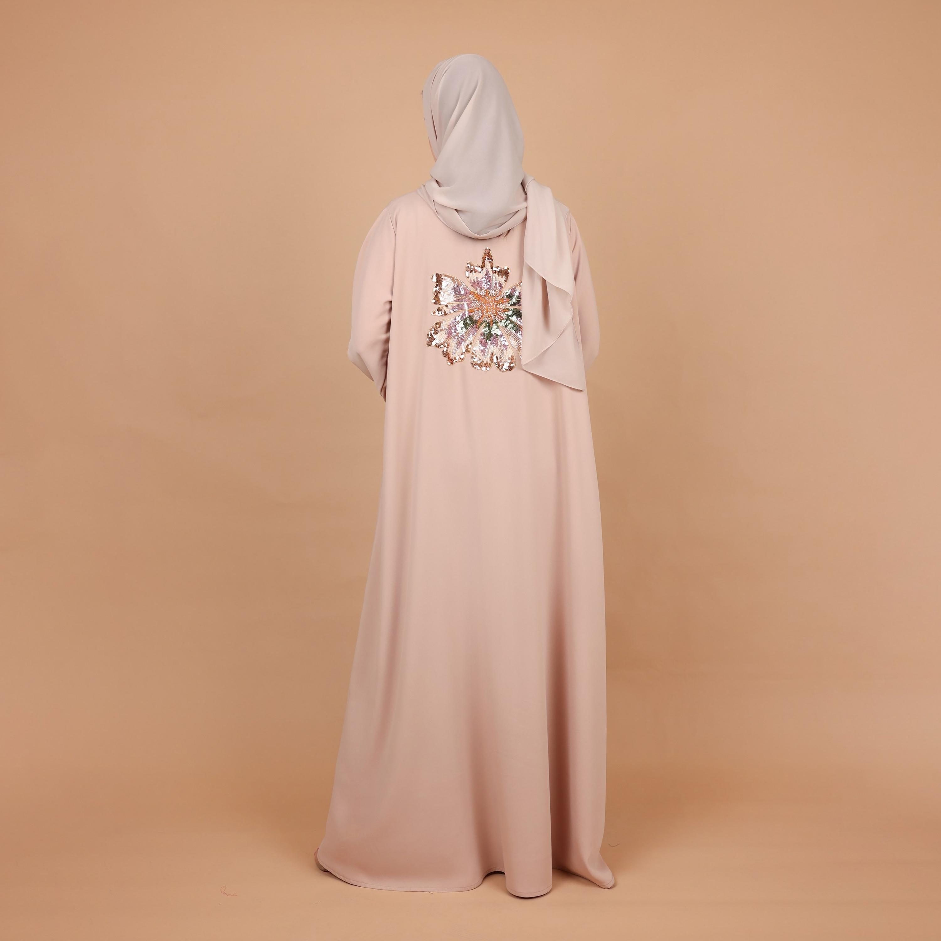 IKKXA Beige Embellished Floral Crepe Women's Evening Abaya with Hijab-women-arabicclothing-abayas-image-4