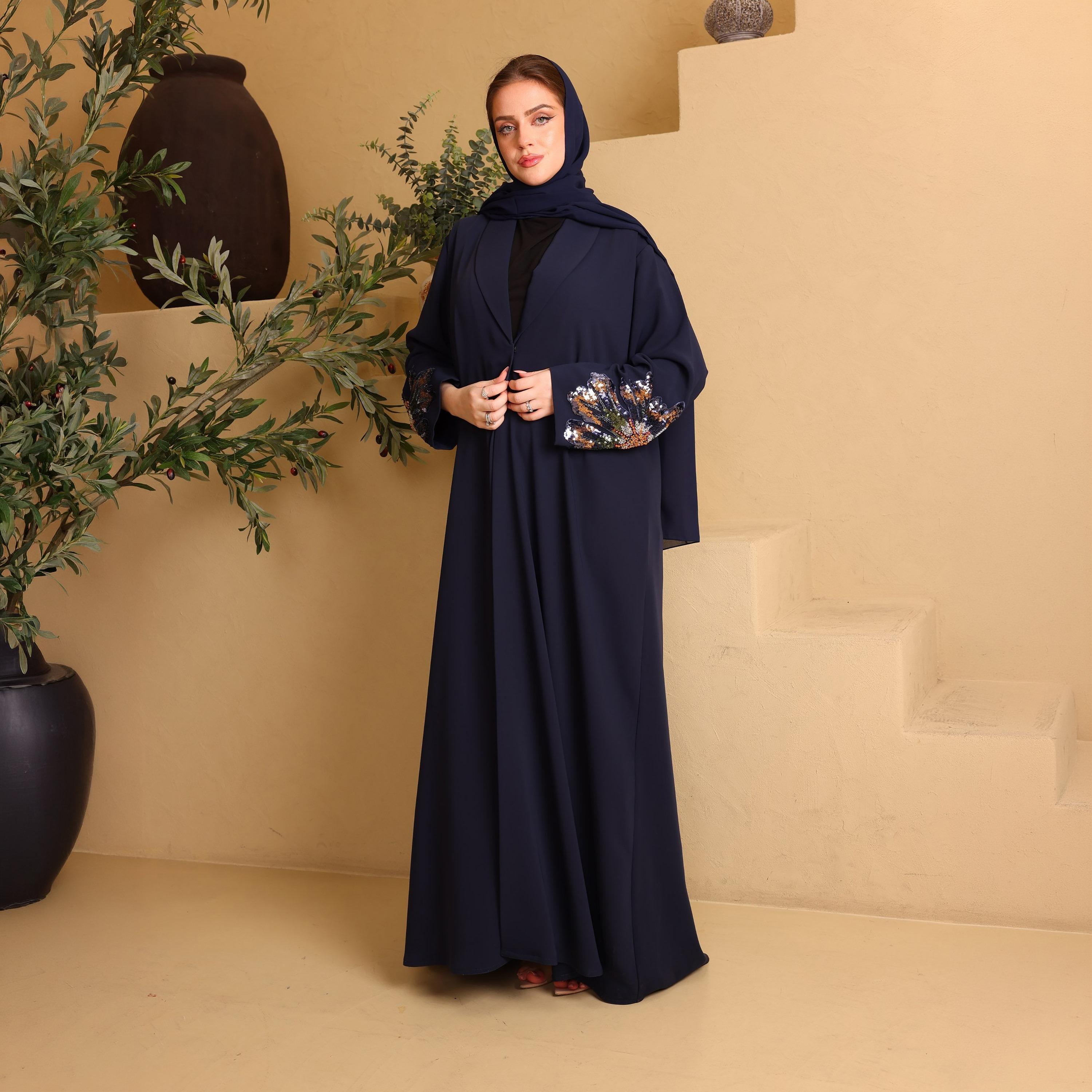 IKKXA Deep Blue Embellished Floral Cobra Women's Evening Abaya with Hijab-women-arabicclothing-abayas-image-1
