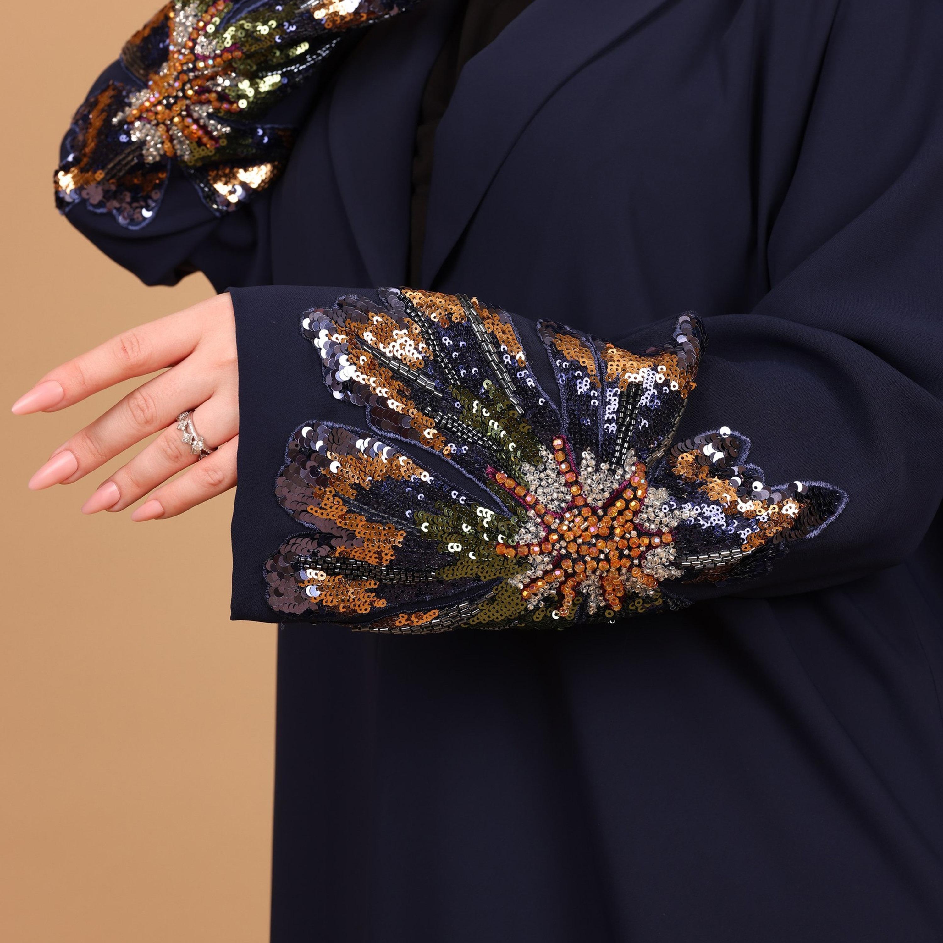 IKKXA Deep Blue Embellished Floral Cobra Women's Evening Abaya with Hijab-women-arabicclothing-abayas-image-2