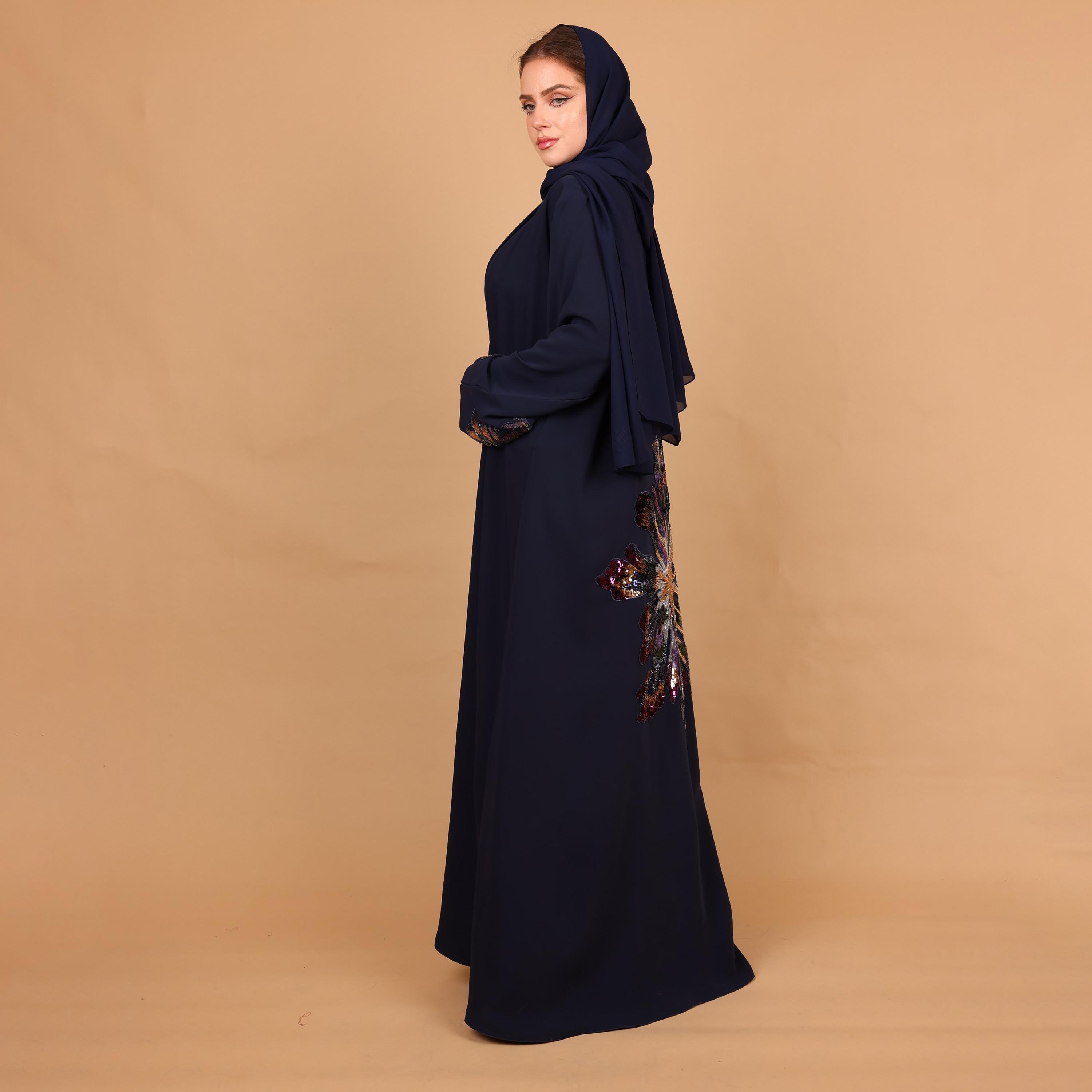 IKKXA Deep Blue Embellished Floral Cobra Women's Evening Abaya with Hijab-women-arabicclothing-abayas-image-3