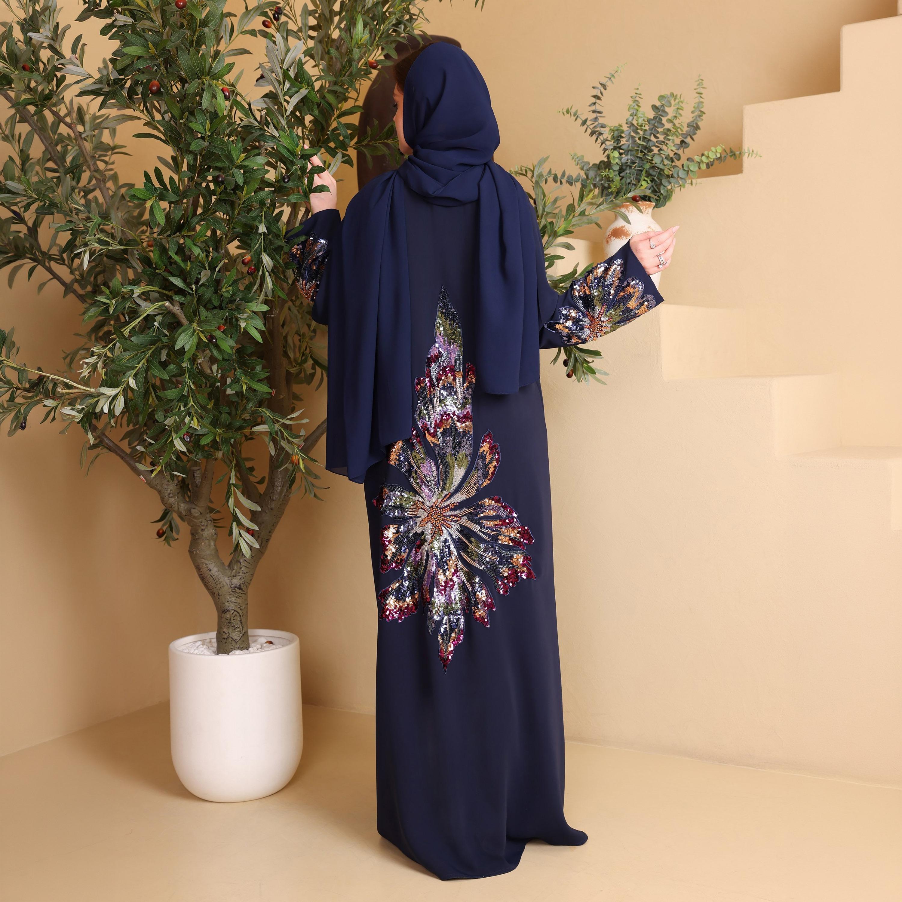 IKKXA Deep Blue Embellished Floral Cobra Women's Evening Abaya with Hijab-women-arabicclothing-abayas-image-4