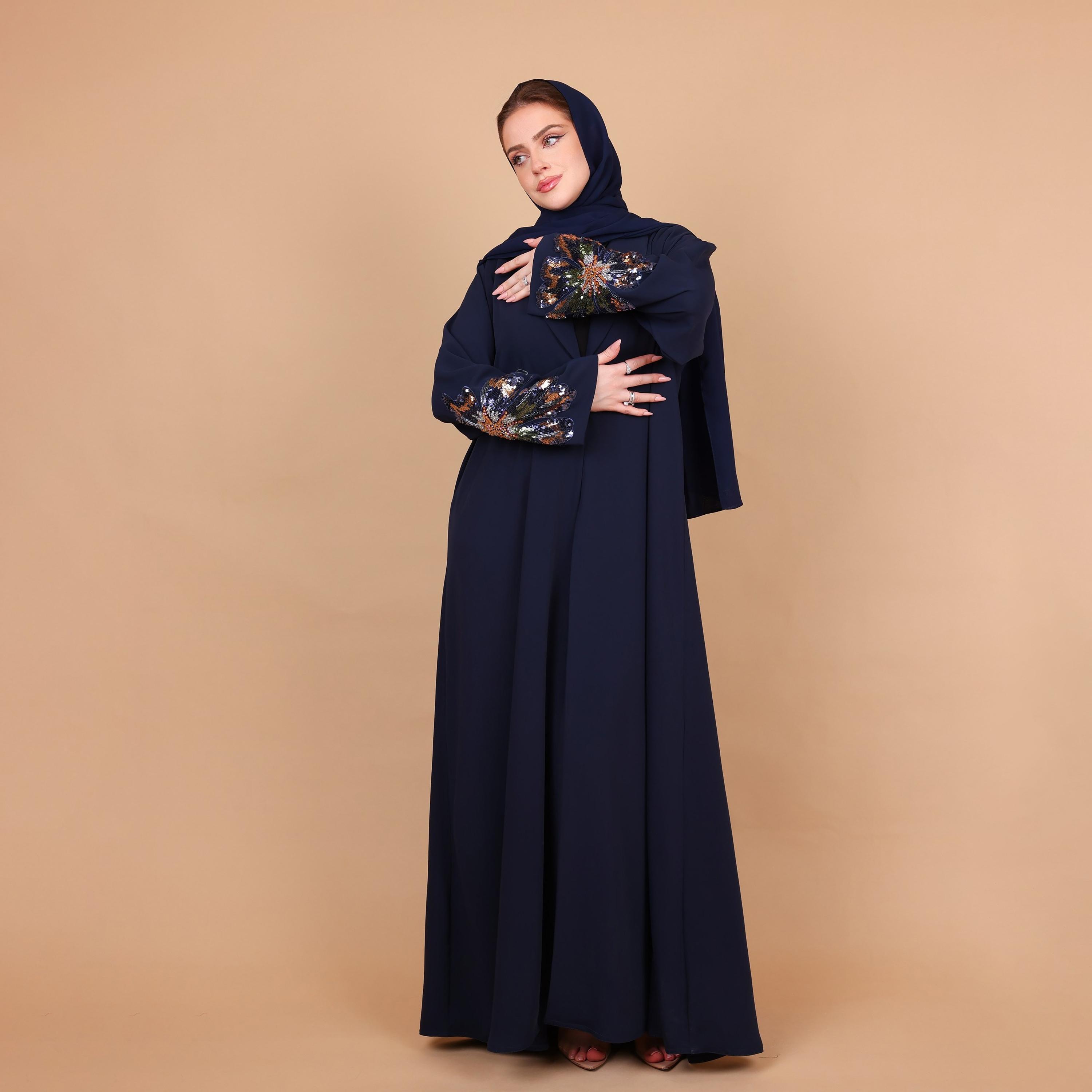 IKKXA Deep Blue Embellished Floral Cobra Women's Evening Abaya with Hijab-women-arabicclothing-abayas-image-5