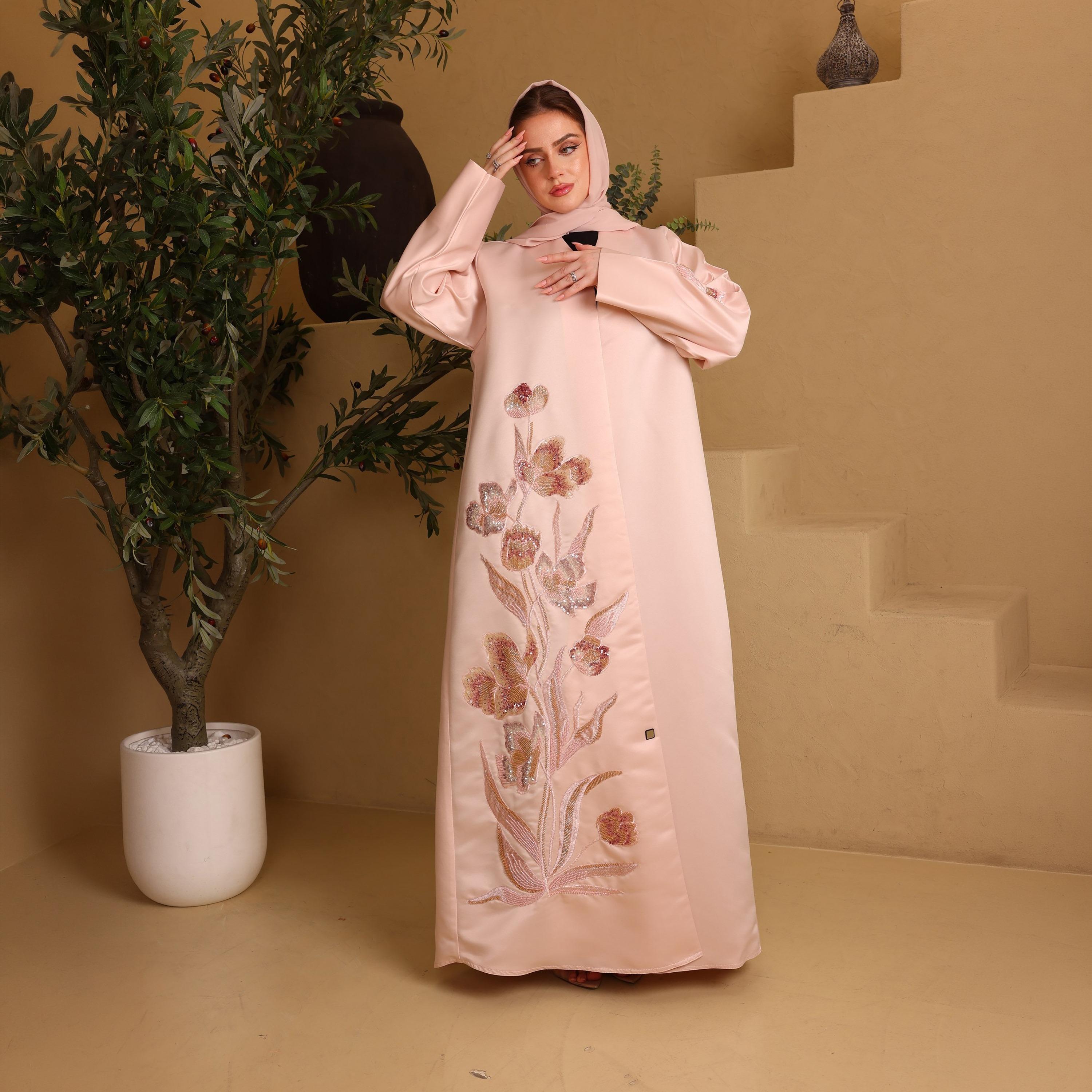 IKKXA Pink Embellished Floral Satin Women's Evening Abaya with Hijab-women-arabicclothing-abayas-image-1