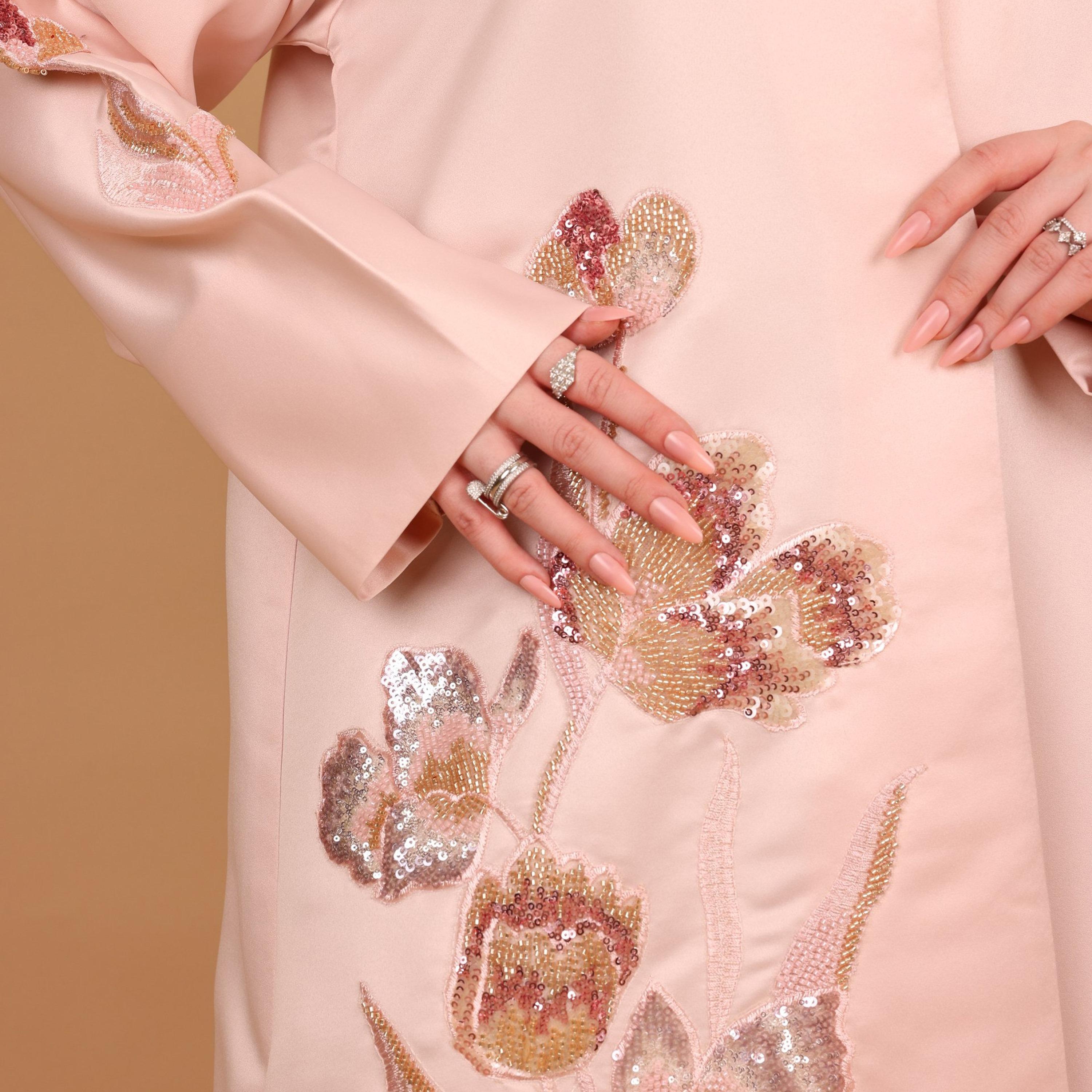 IKKXA Pink Embellished Floral Satin Women's Evening Abaya with Hijab-women-arabicclothing-abayas-image-2