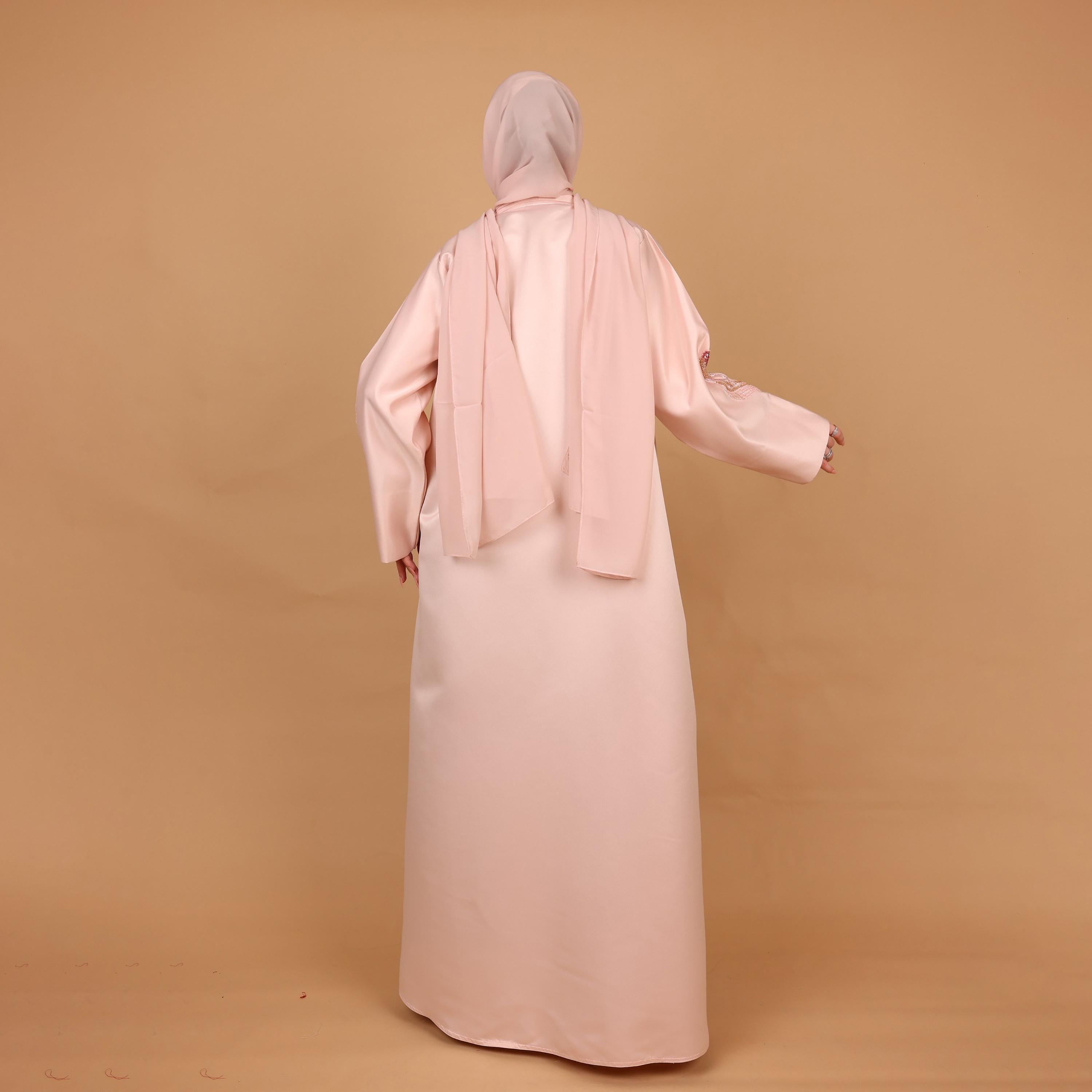 IKKXA Pink Embellished Floral Satin Women's Evening Abaya with Hijab-women-arabicclothing-abayas-image-4