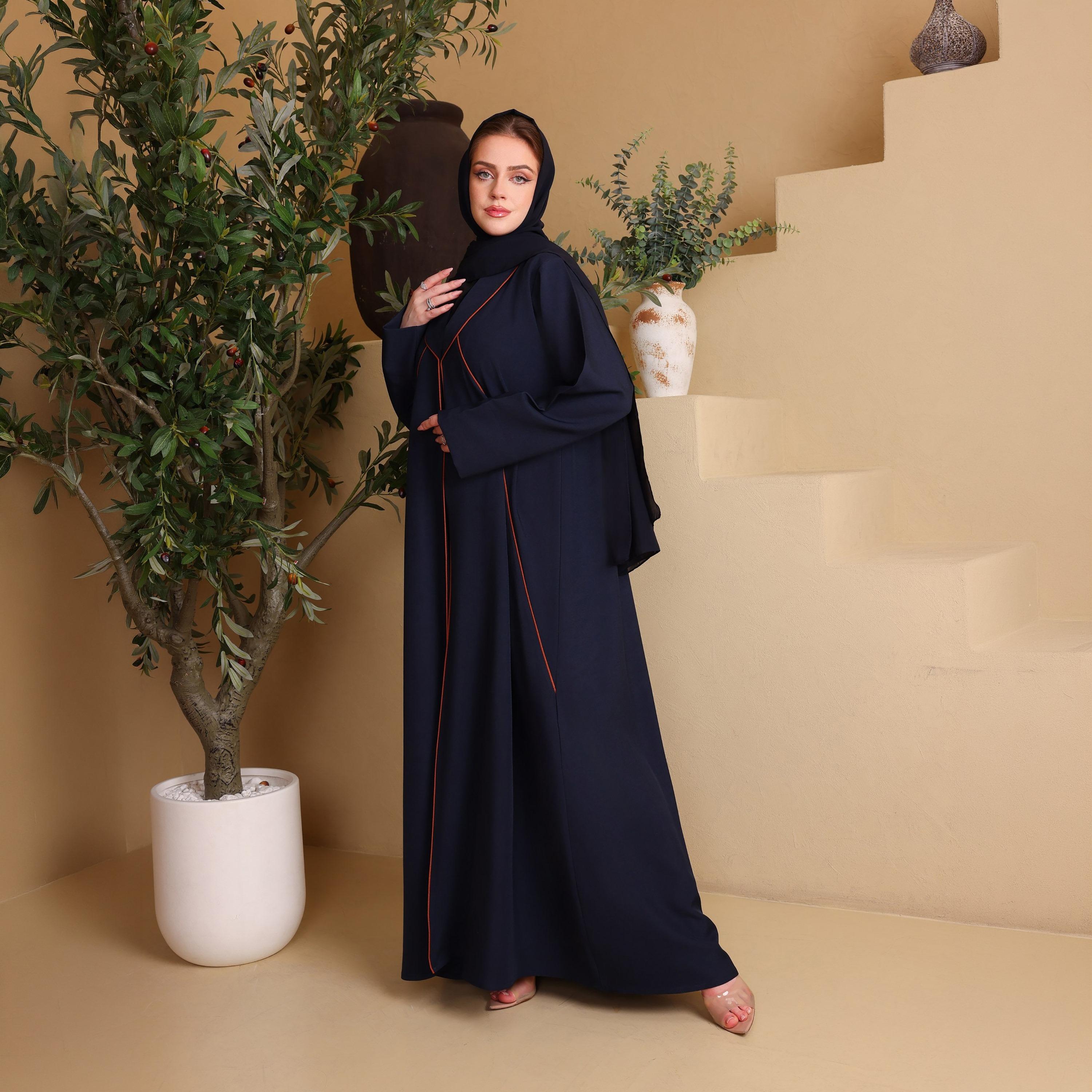 IKKXA Deep Blue Piping Detailed Barbi Women's Abaya with Hijab-women-arabicclothing-abayas-image-1