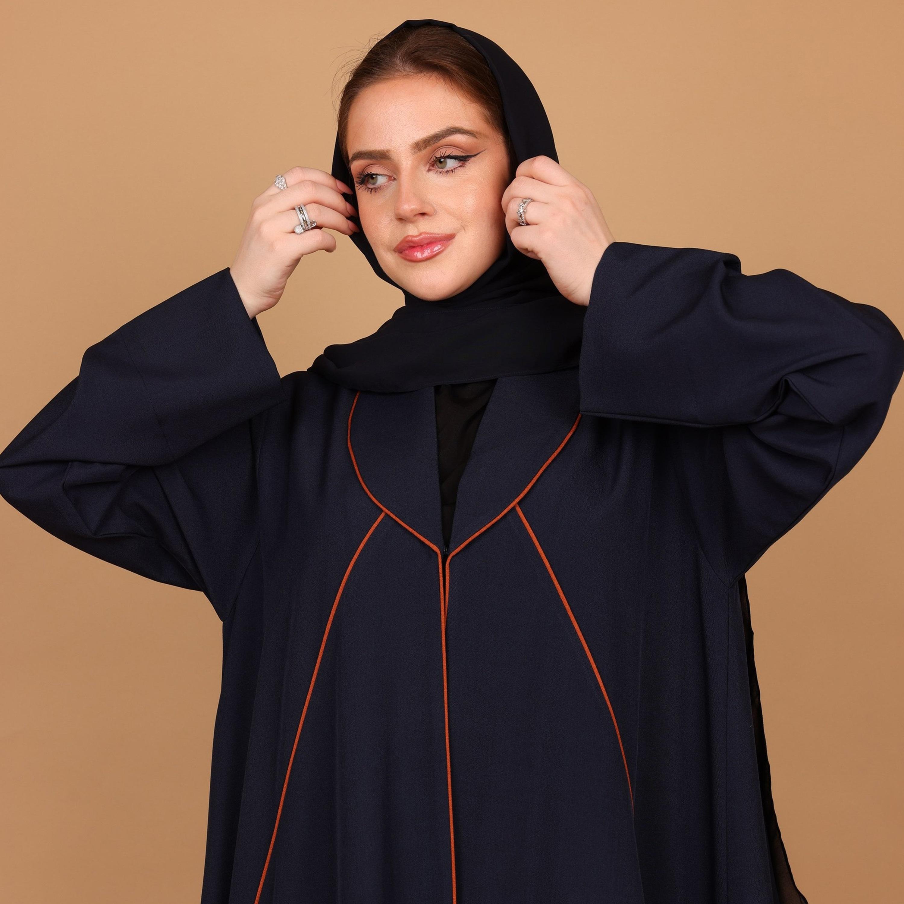 IKKXA Deep Blue Piping Detailed Barbi Women's Abaya with Hijab-women-arabicclothing-abayas-image-2