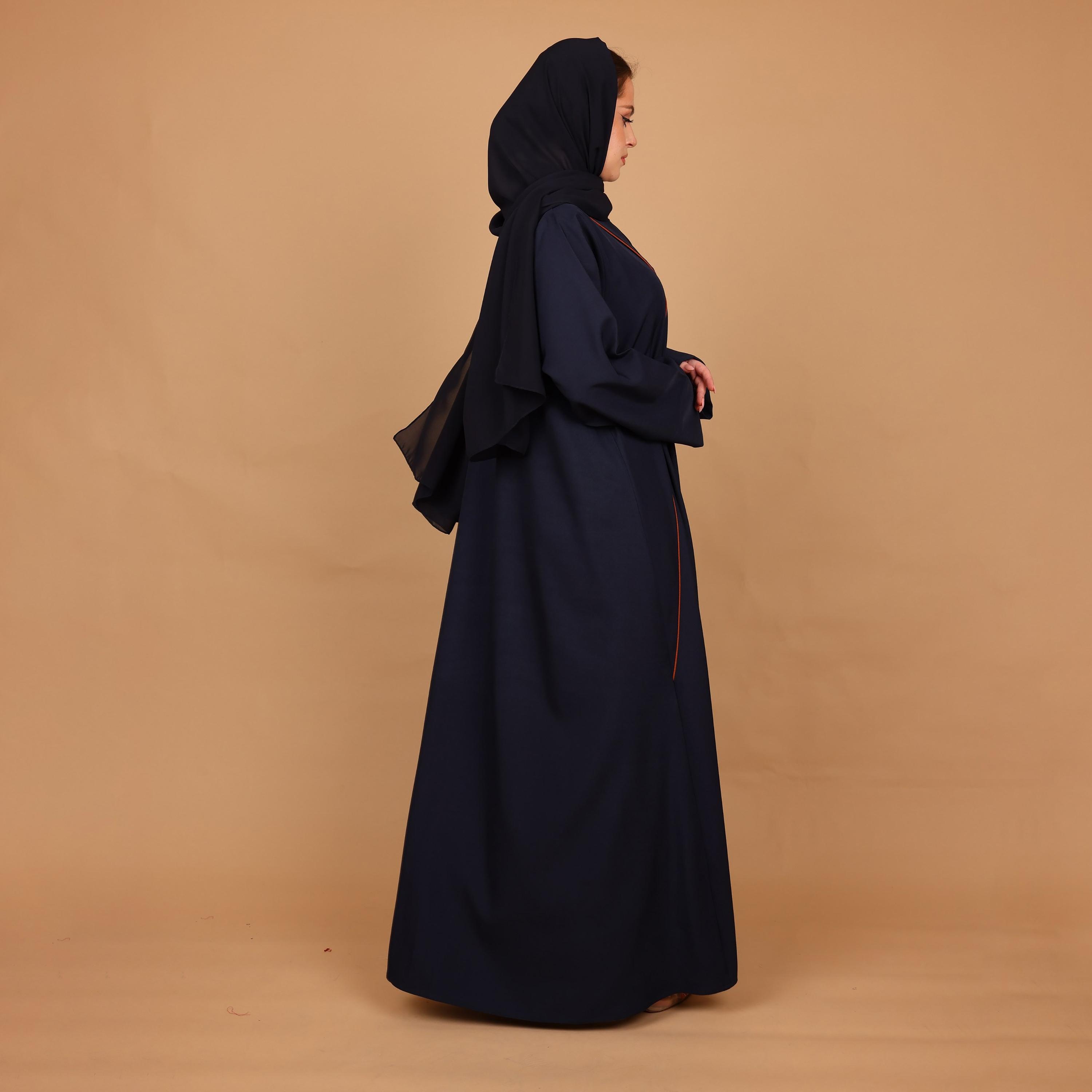 IKKXA Deep Blue Piping Detailed Barbi Women's Abaya with Hijab-women-arabicclothing-abayas-image-5