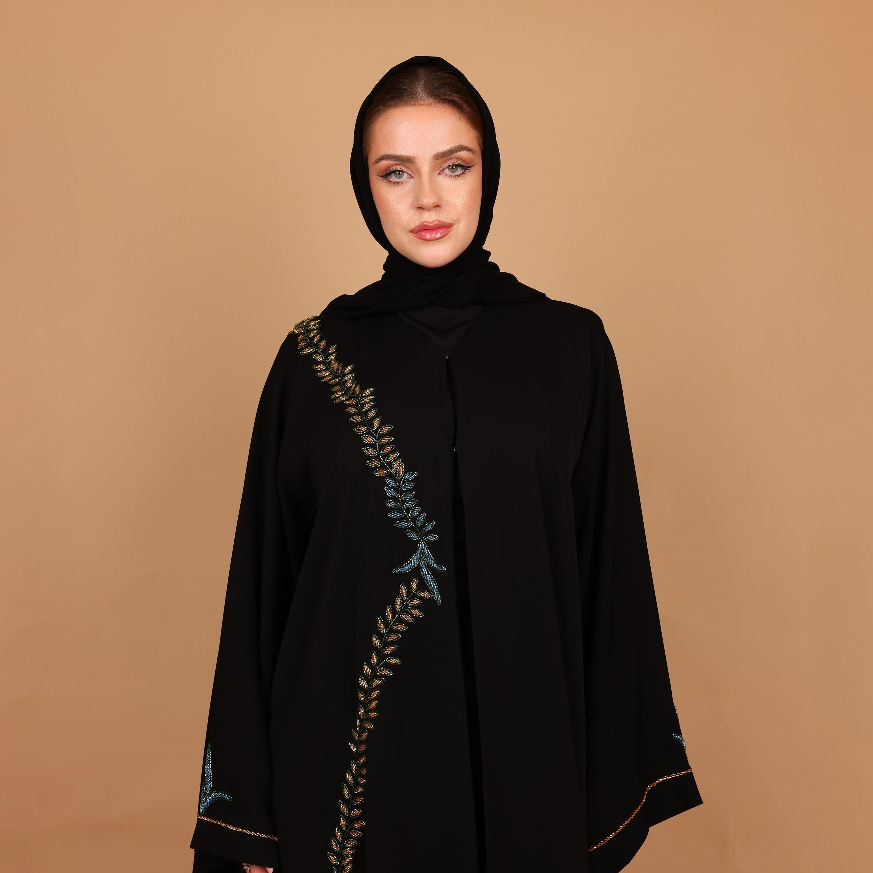 IKKXA Black Beaded Vine Detail Nida Women's Abaya with Hijab-women-arabicclothing-abayas-image-2