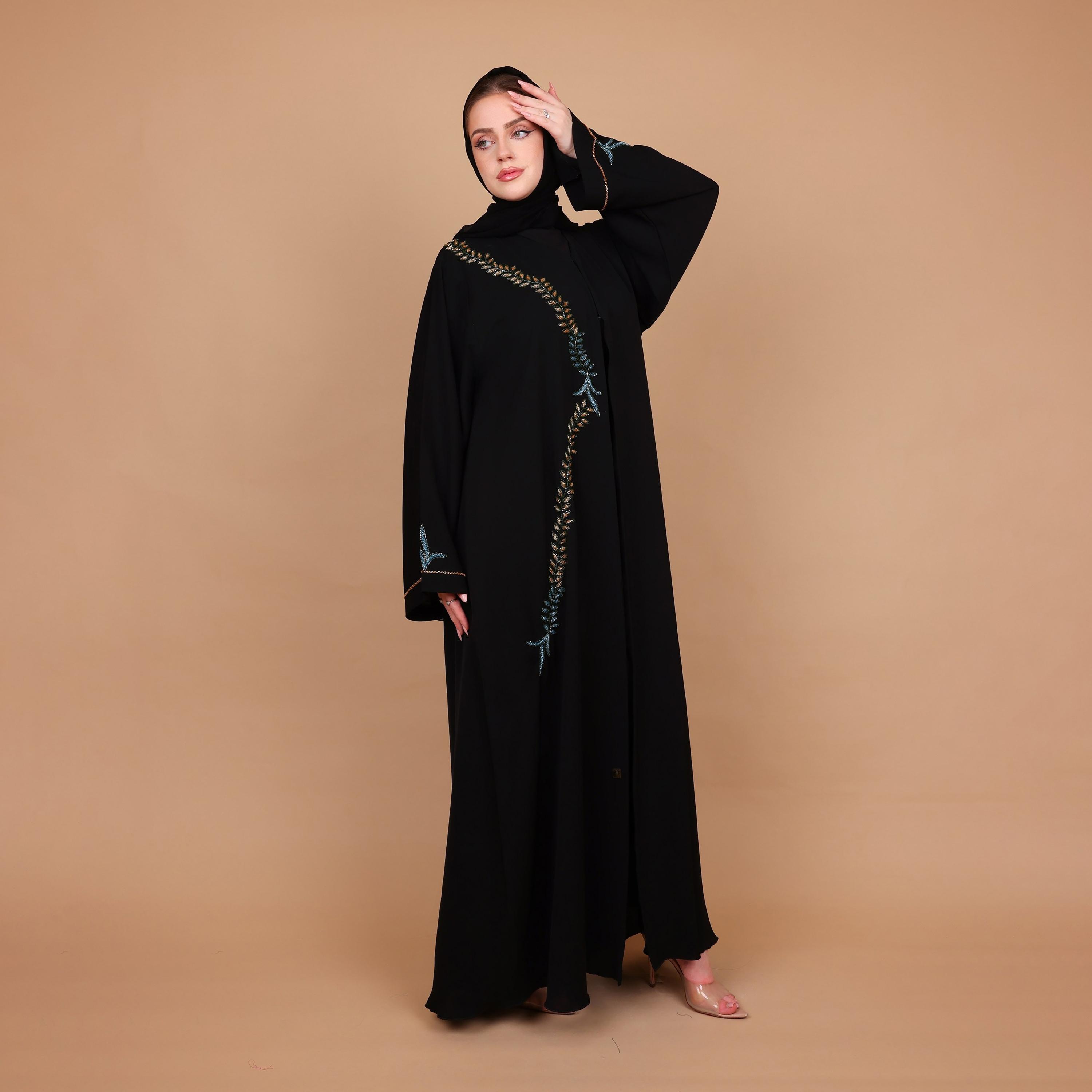 IKKXA Black Beaded Vine Detail Nida Women's Abaya with Hijab-women-arabicclothing-abayas-image-3