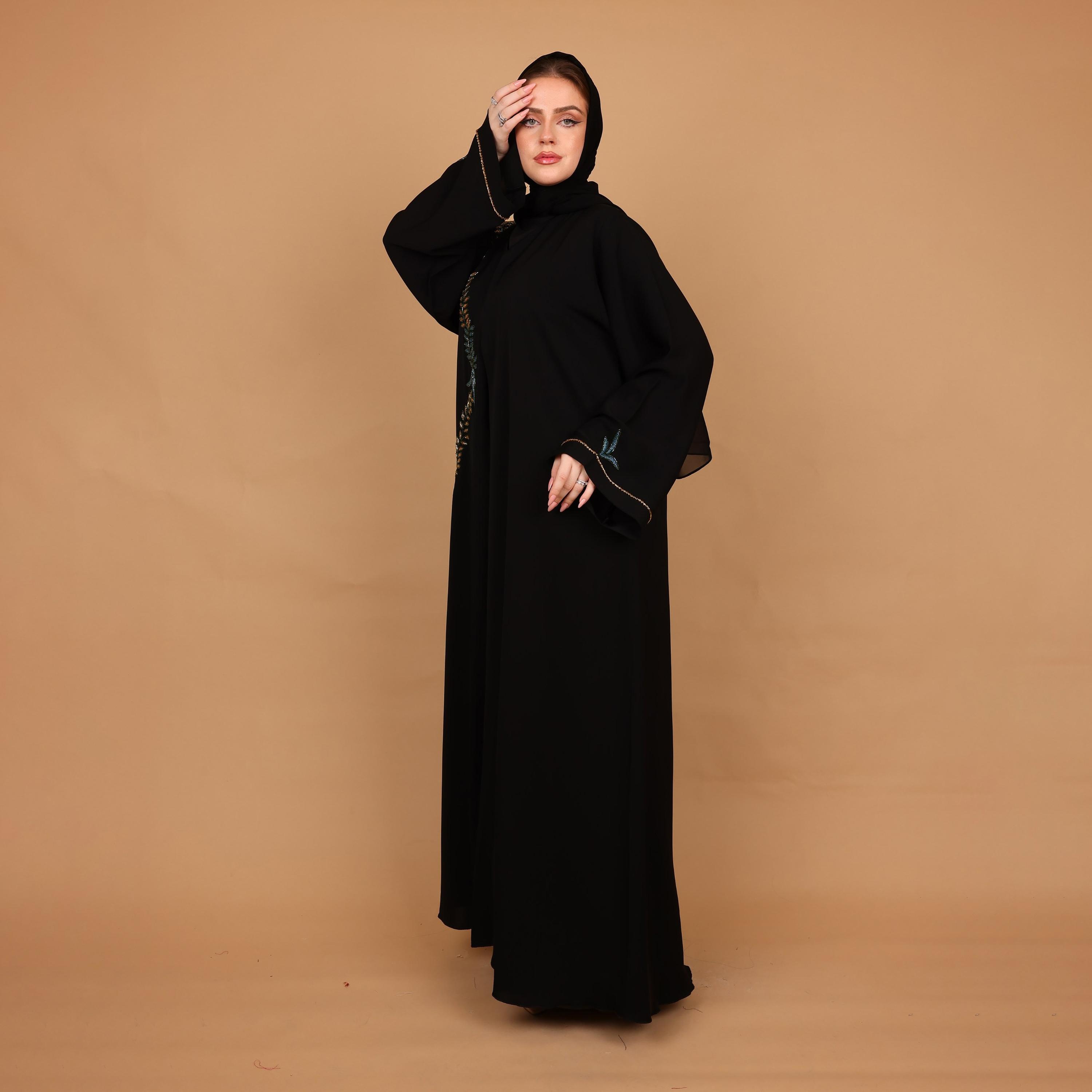 IKKXA Black Beaded Vine Detail Nida Women's Abaya with Hijab-women-arabicclothing-abayas-image-4