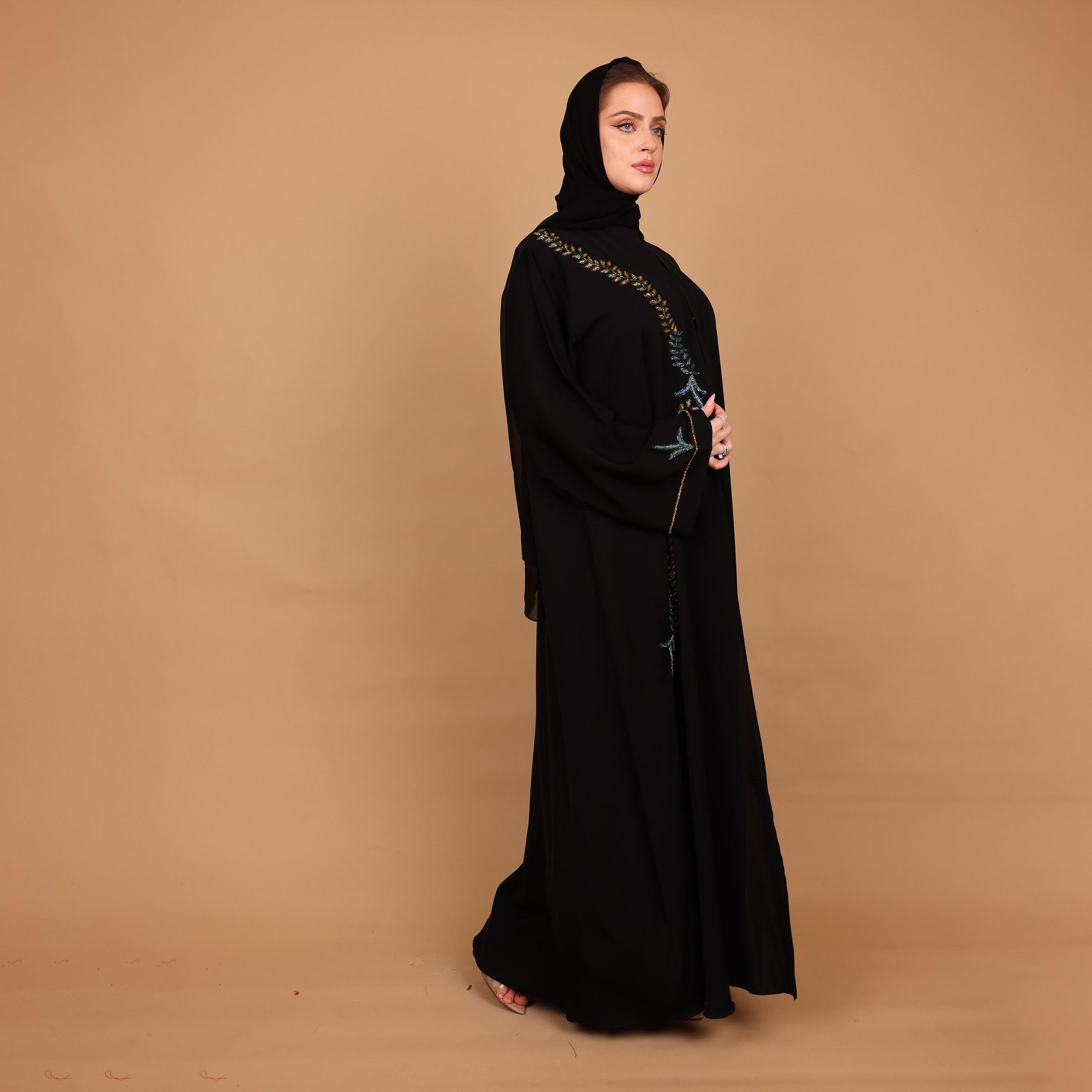 IKKXA Black Beaded Vine Detail Nida Women's Abaya with Hijab-women-arabicclothing-abayas-image-5