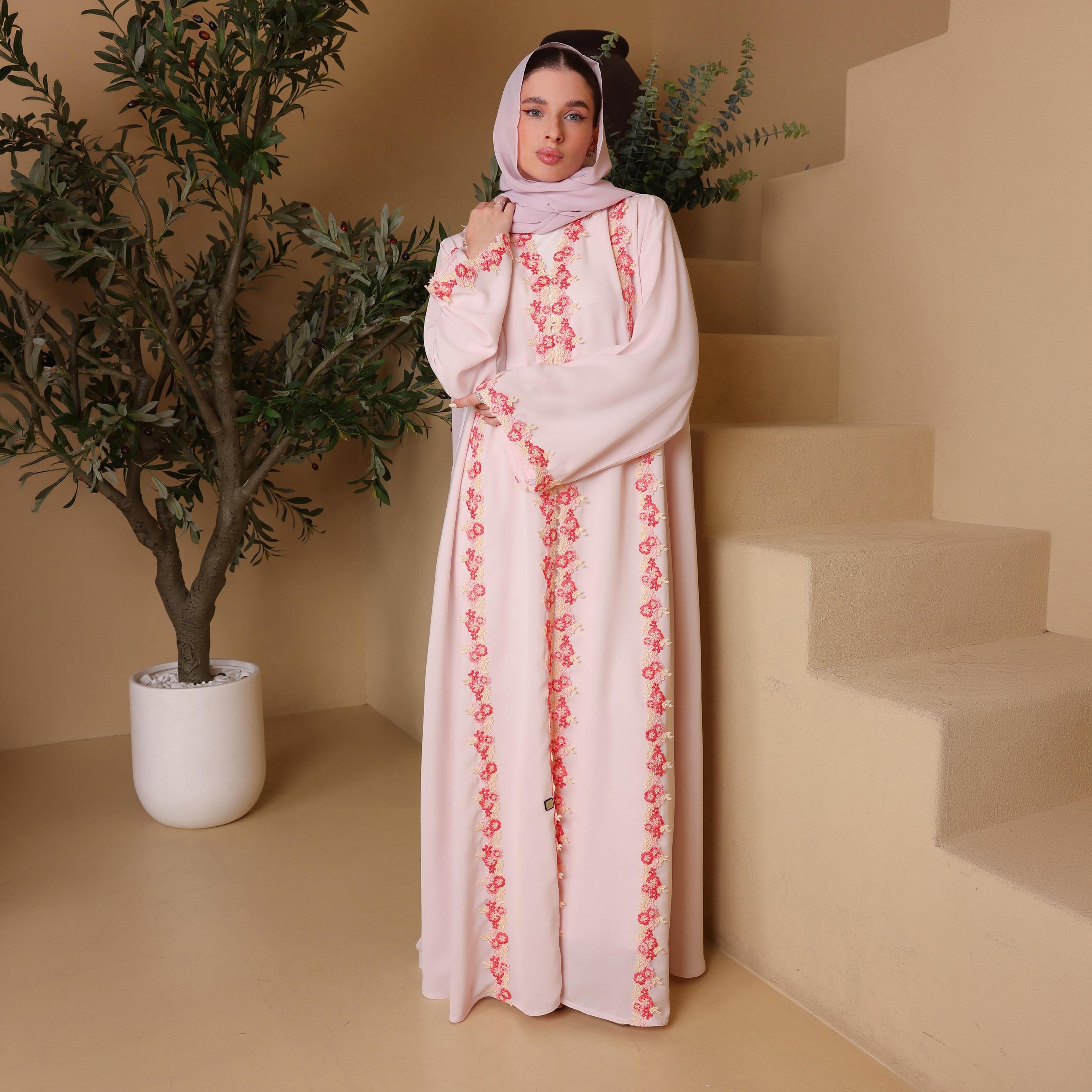 IKKXA Pink Floral Lace Detailed Wide Sleeves Nida Women's Abaya with Hijab-women-arabicclothing-abayas-image-1