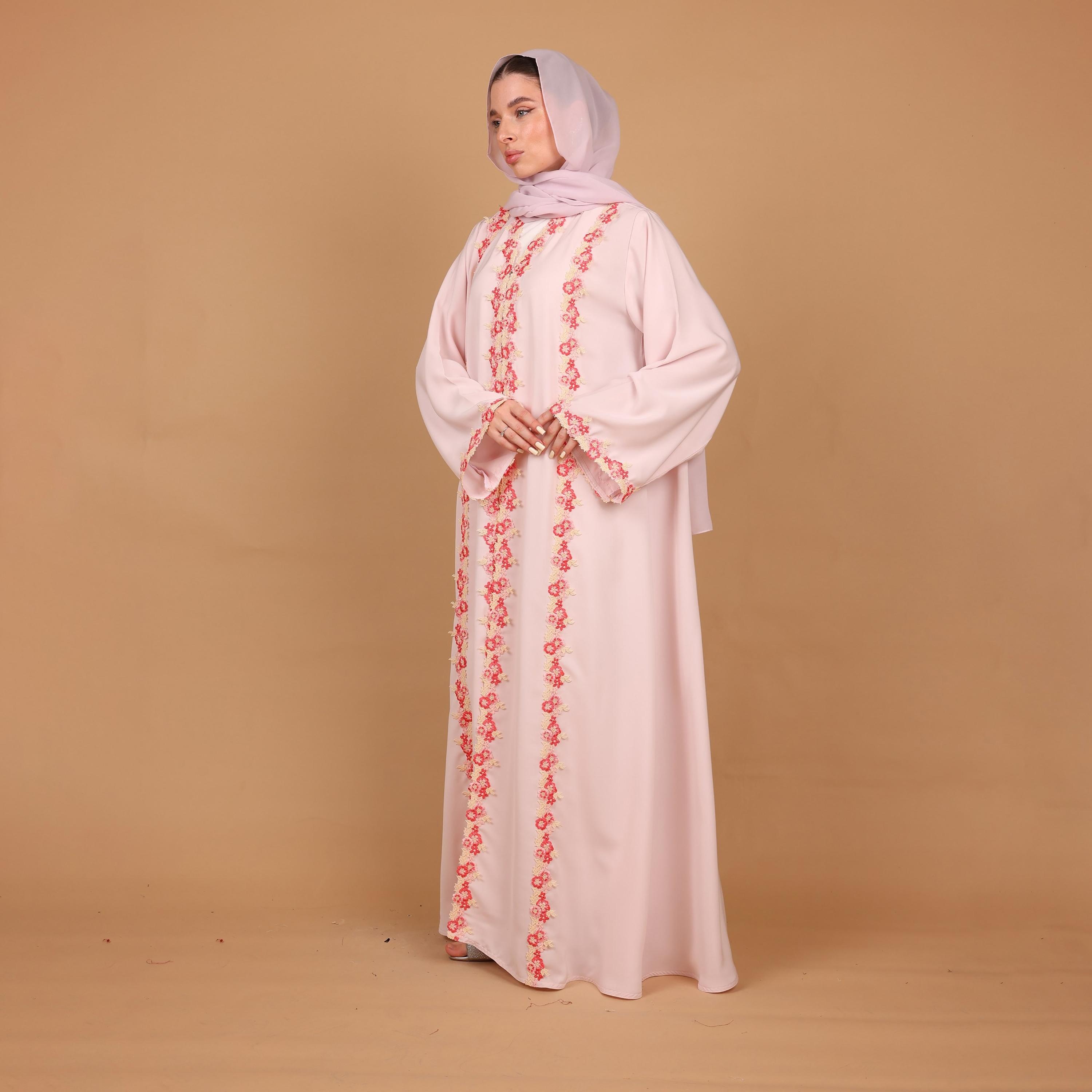 IKKXA Pink Floral Lace Detailed Wide Sleeves Nida Women's Abaya with Hijab-women-arabicclothing-abayas-image-3