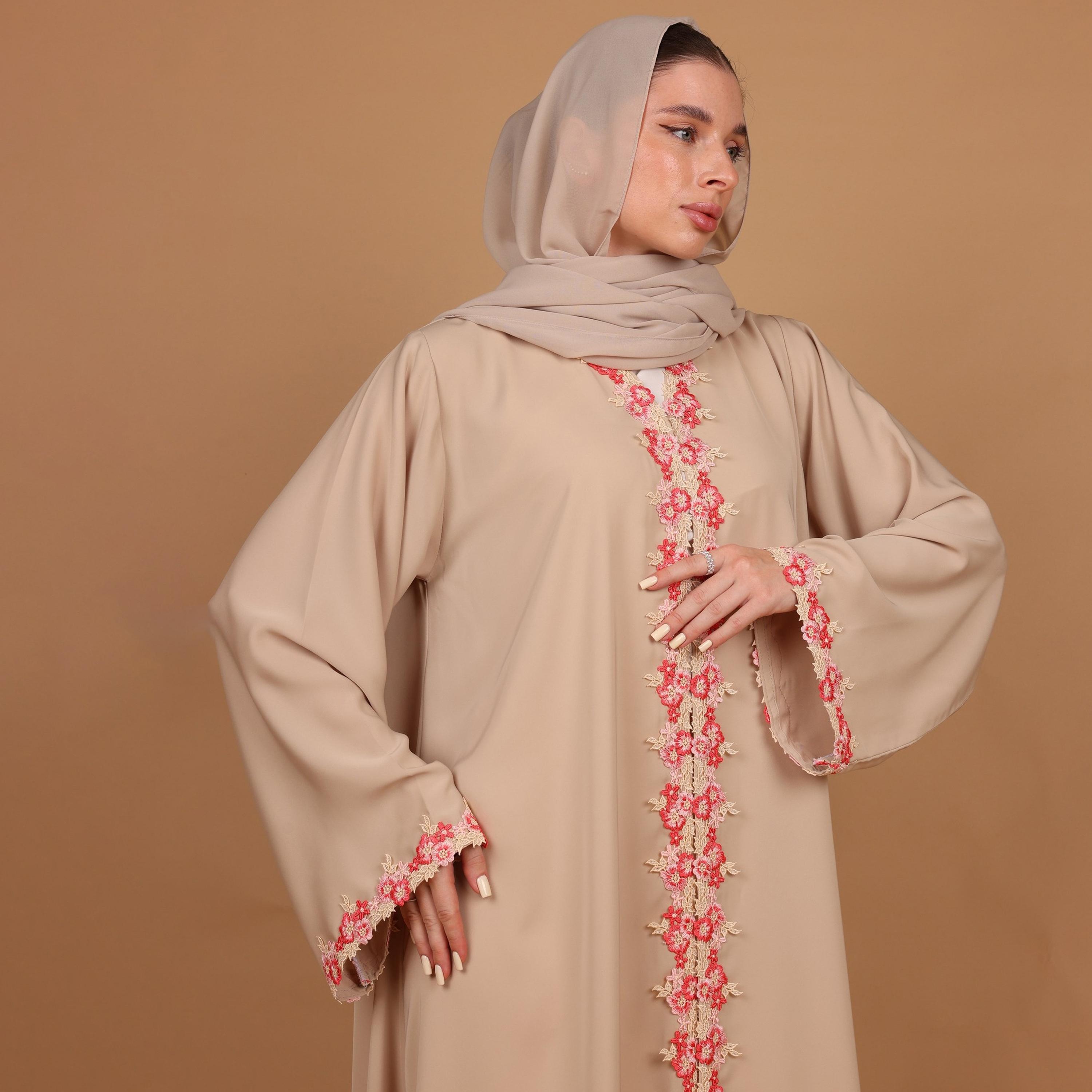 IKKXA Beige Floral Lace Detailed Wide Sleeves Nida Women's Abaya with Hijab-women-arabicclothing-abayas-image-2