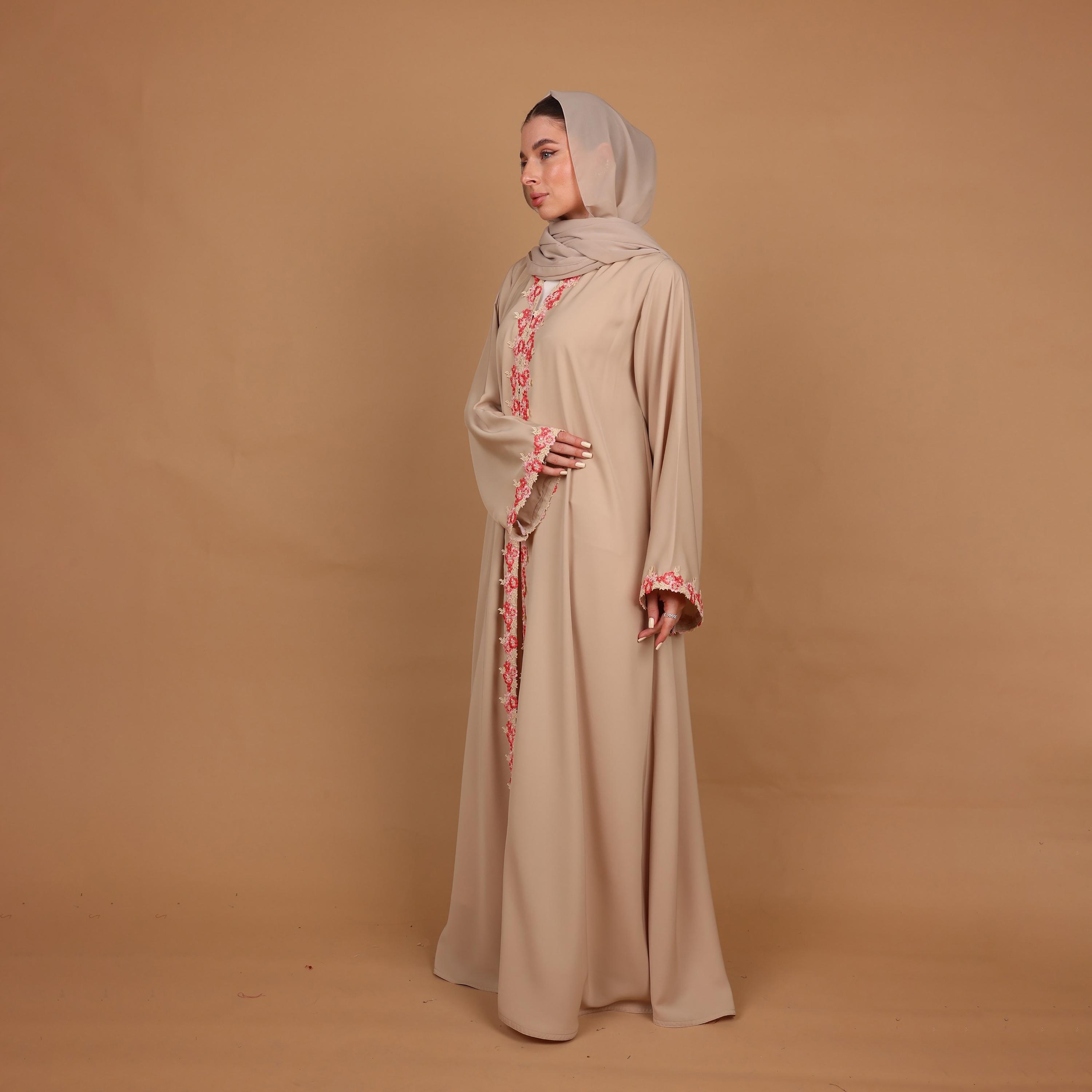 IKKXA Beige Floral Lace Detailed Wide Sleeves Nida Women's Abaya with Hijab-women-arabicclothing-abayas-image-3