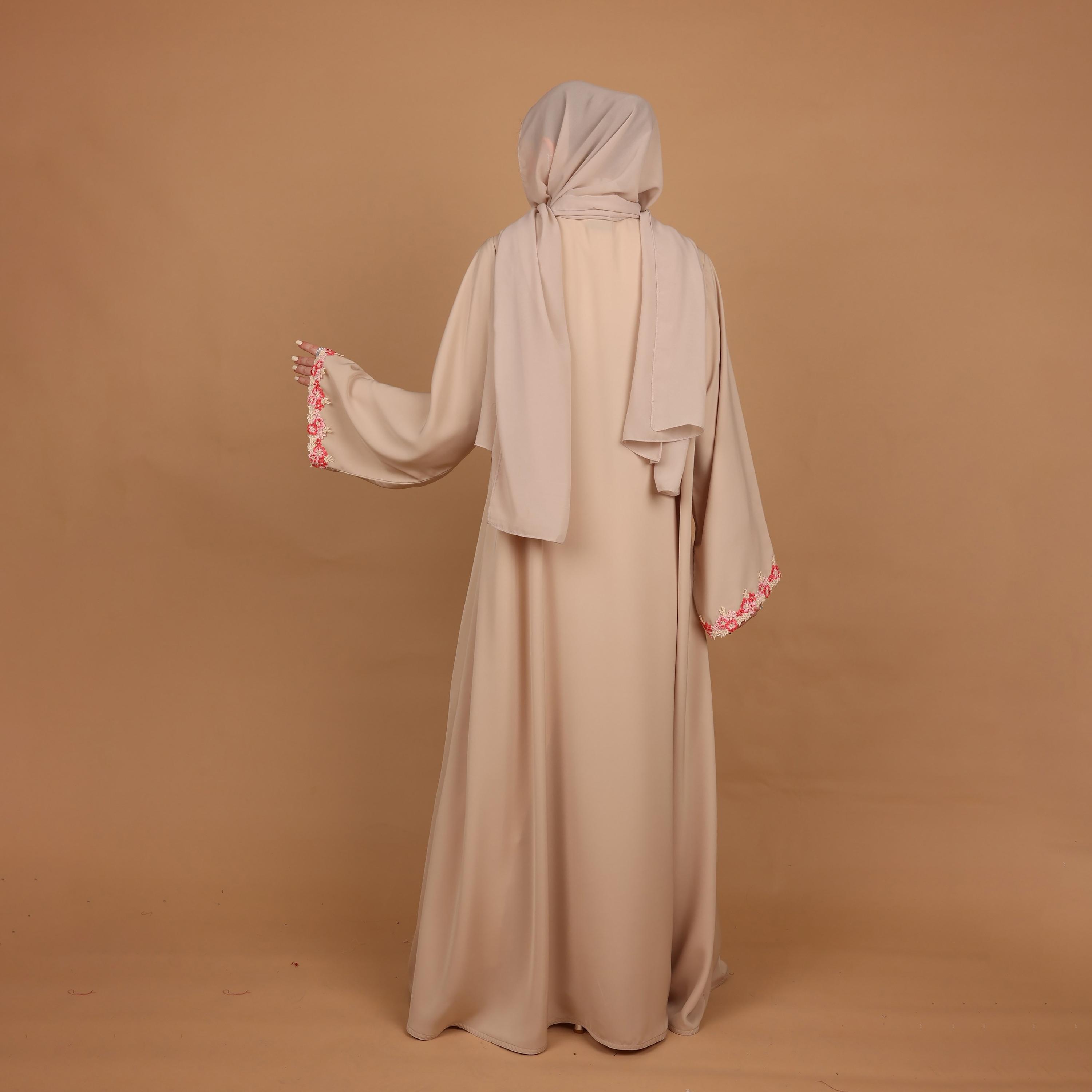 IKKXA Beige Floral Lace Detailed Wide Sleeves Nida Women's Abaya with Hijab-women-arabicclothing-abayas-image-4