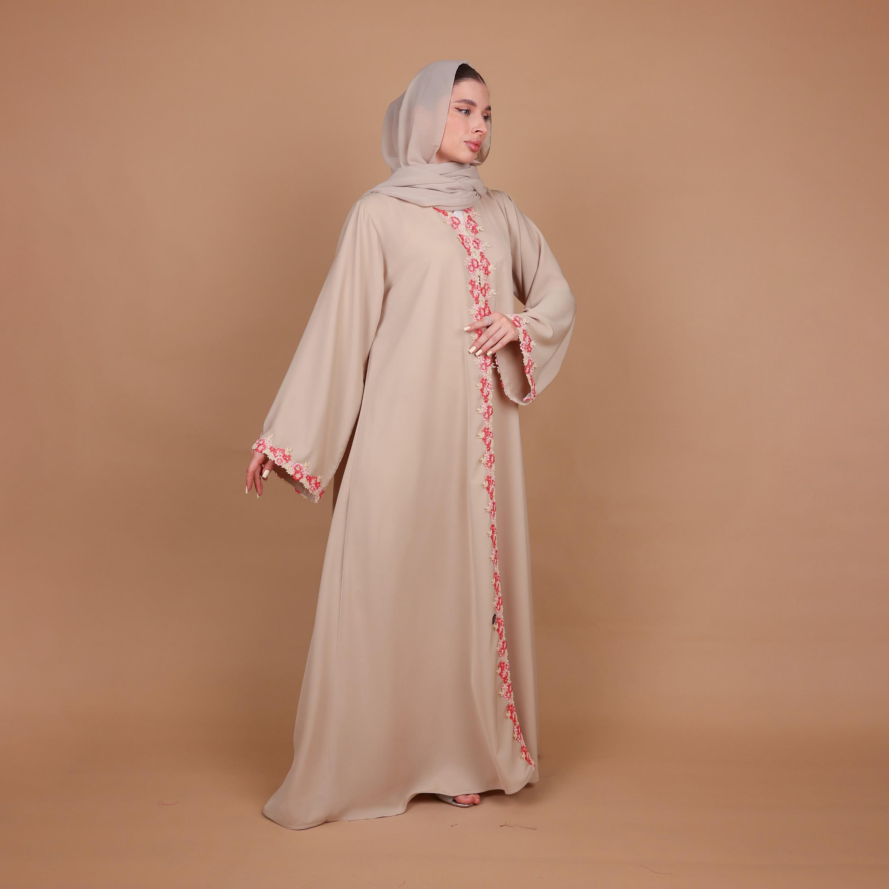 IKKXA Beige Floral Lace Detailed Wide Sleeves Nida Women's Abaya with Hijab-women-arabicclothing-abayas-image-5