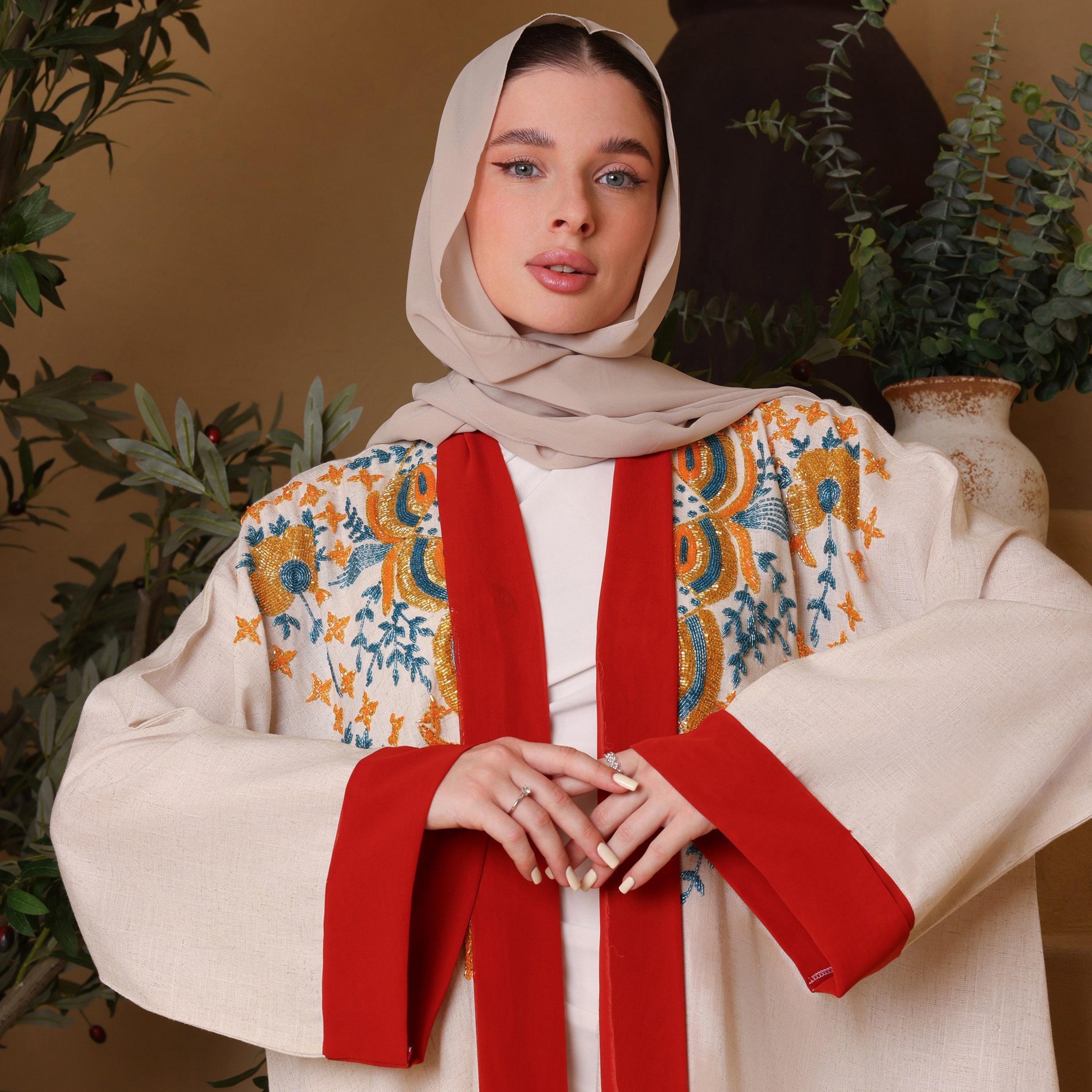 IKKXA Beige Beaded Contrast Trim Wide Sleeves Linen Women's Evening Abaya with Hijab-women-arabicclothing-abayas-image-2