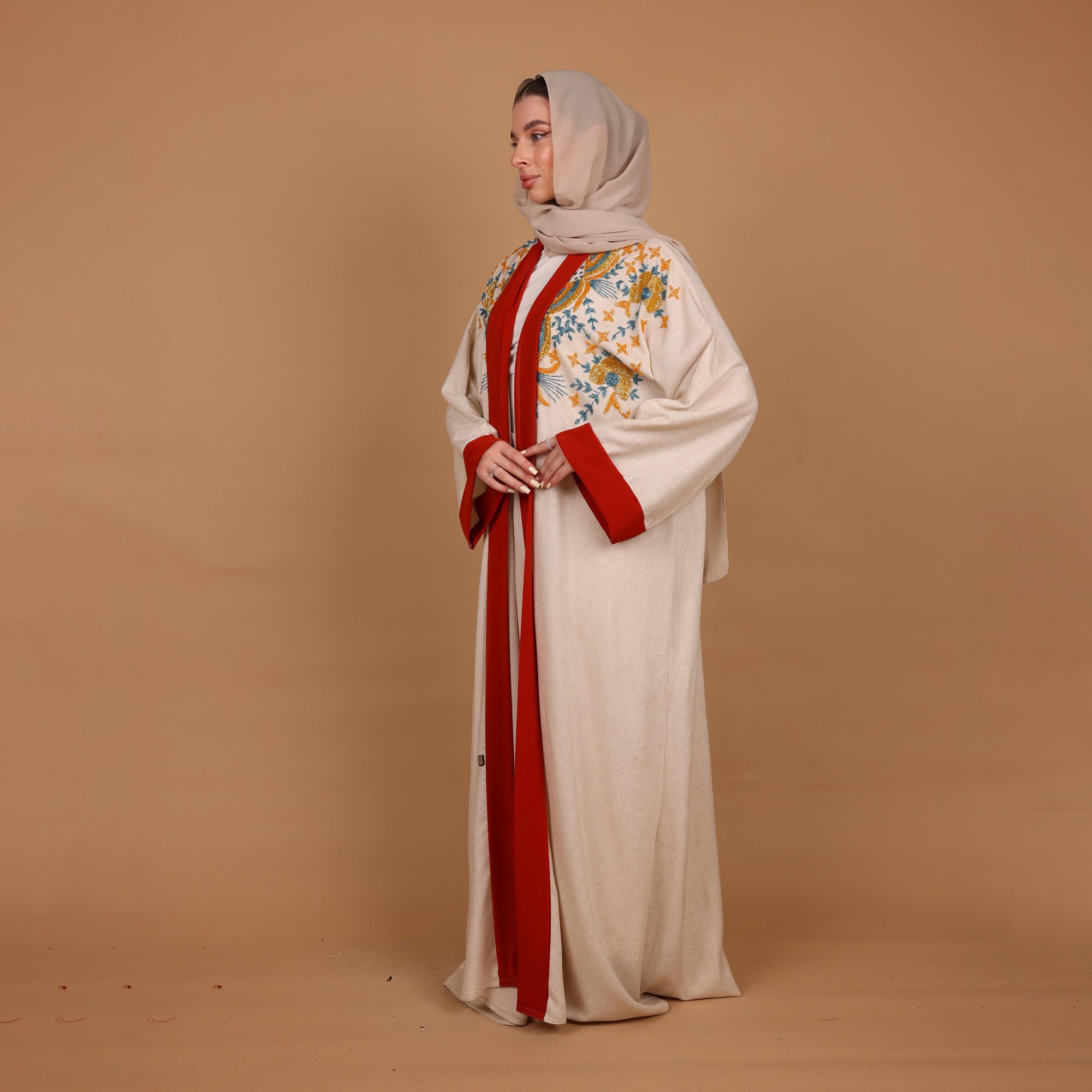 IKKXA Beige Beaded Contrast Trim Wide Sleeves Linen Women's Evening Abaya with Hijab-women-arabicclothing-abayas-image-3