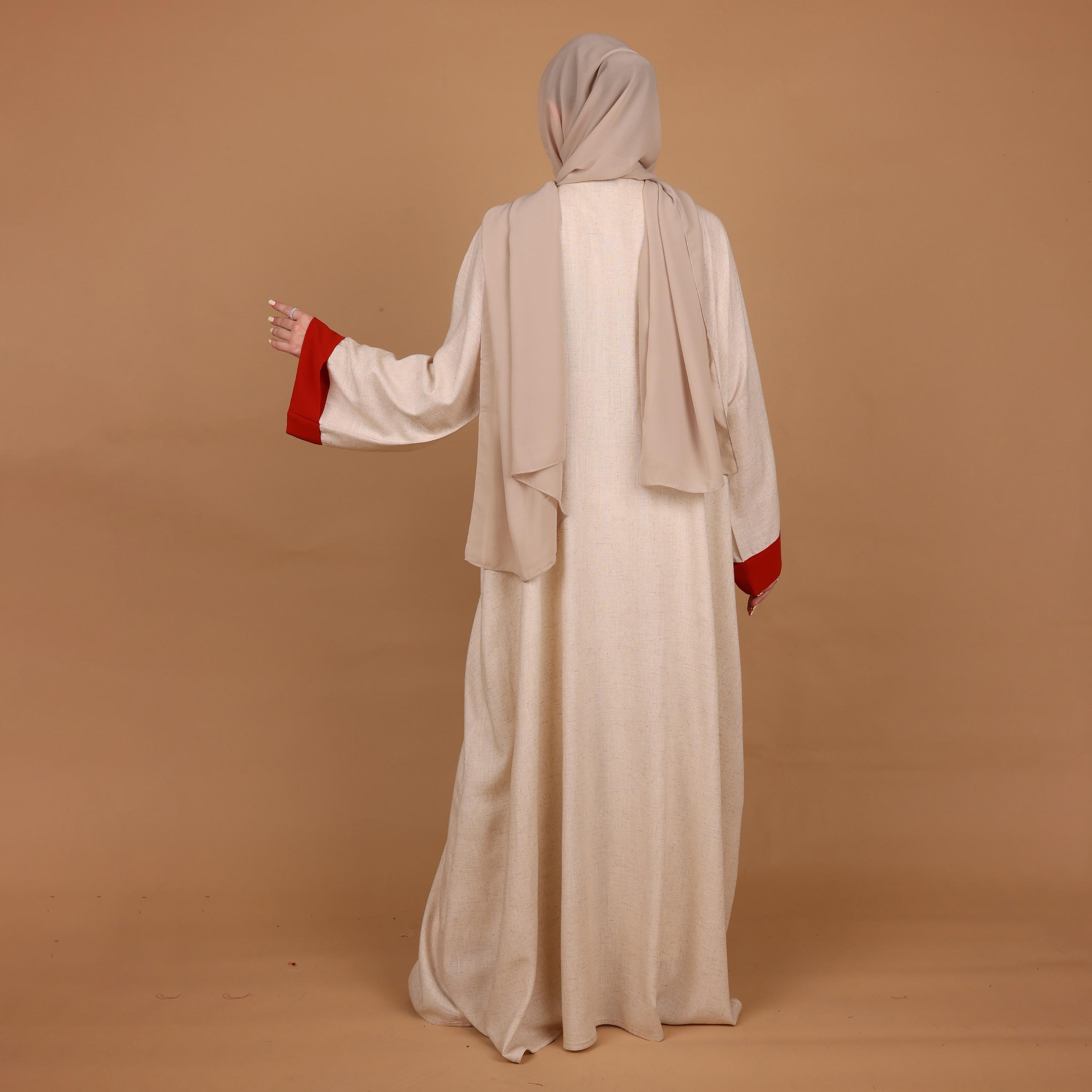IKKXA Beige Beaded Contrast Trim Wide Sleeves Linen Women's Evening Abaya with Hijab-women-arabicclothing-abayas-image-4