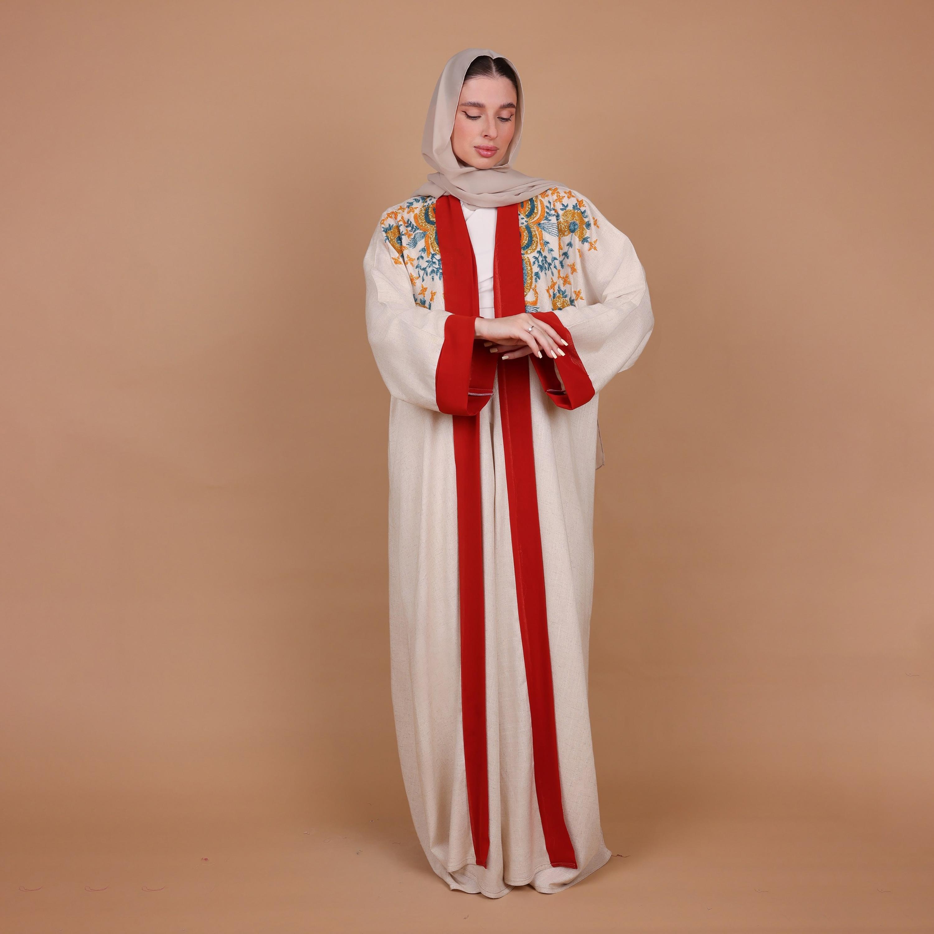IKKXA Beige Beaded Contrast Trim Wide Sleeves Linen Women's Evening Abaya with Hijab-women-arabicclothing-abayas-image-5