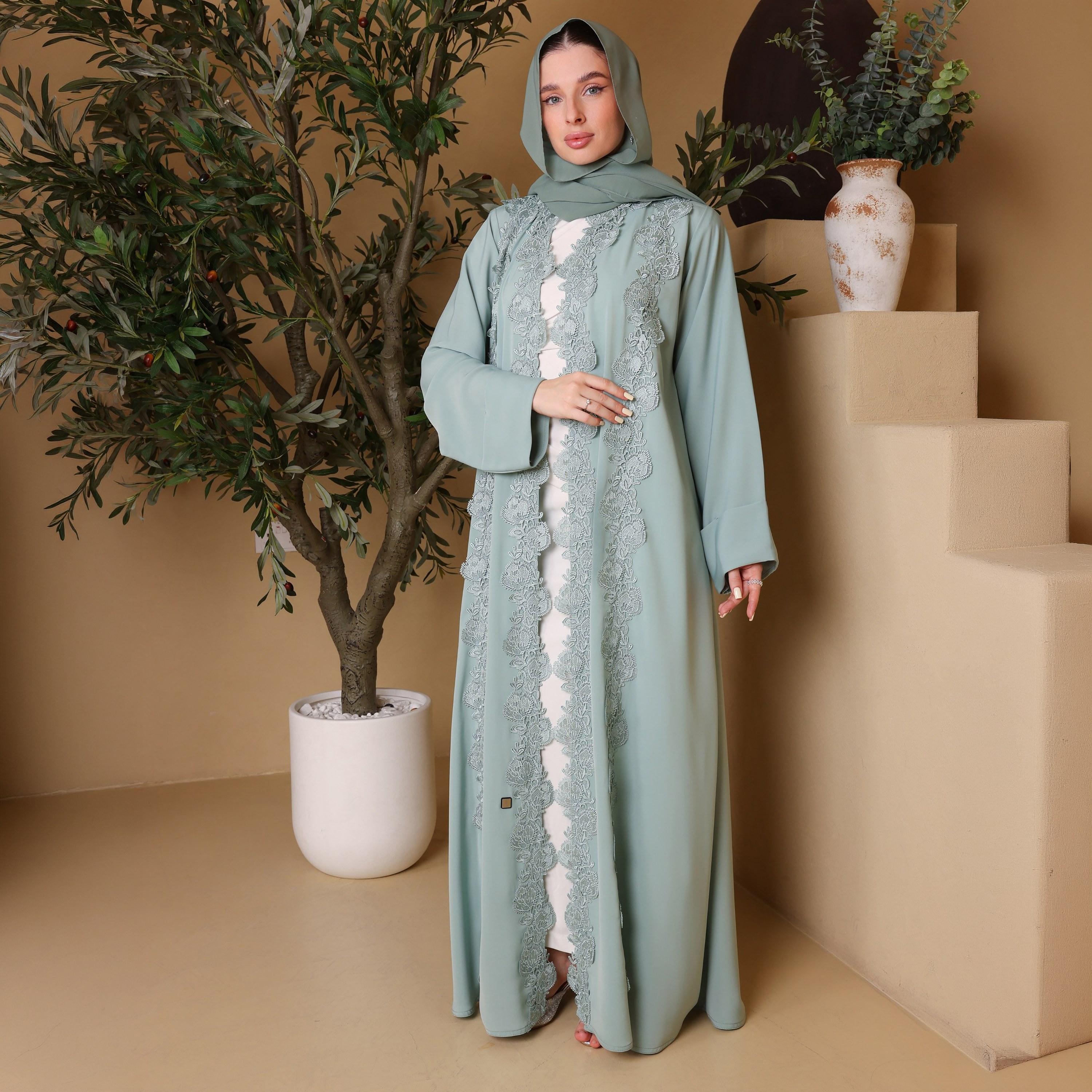 IKKXA Green Floral Lace Nida Women's Abaya with Hijab-women-arabicclothing-abayas-image-1