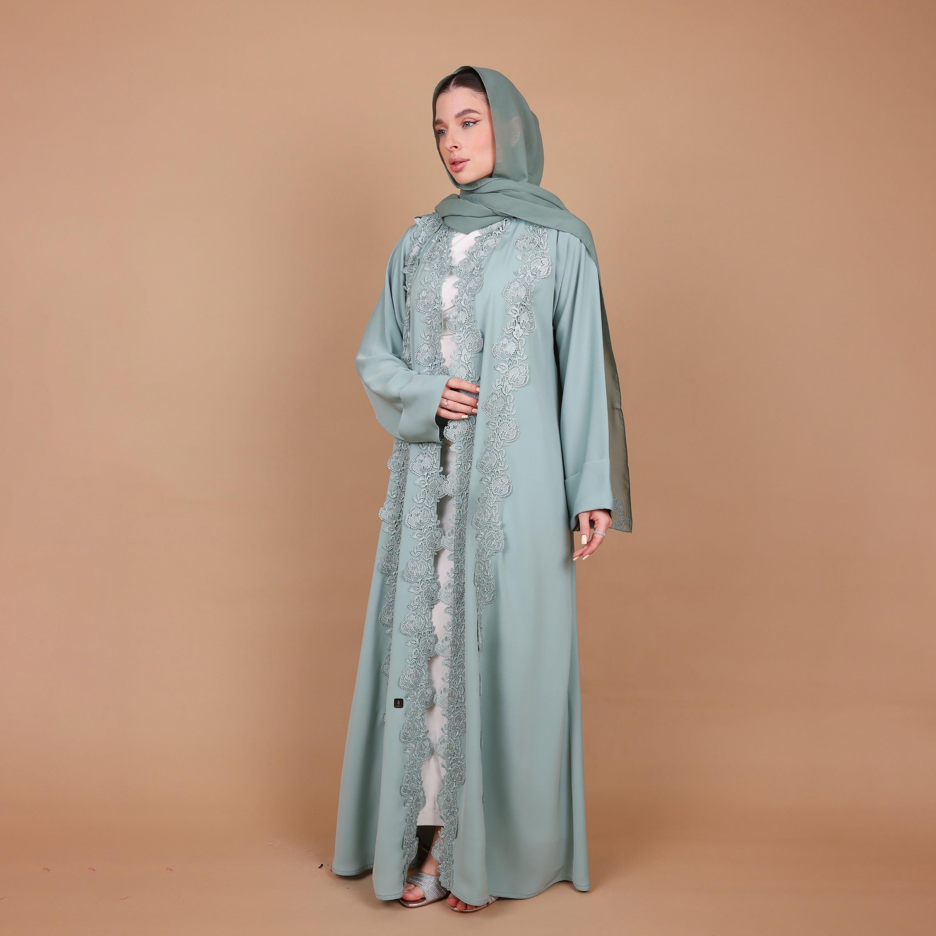 IKKXA Green Floral Lace Nida Women's Abaya with Hijab-women-arabicclothing-abayas-image-3