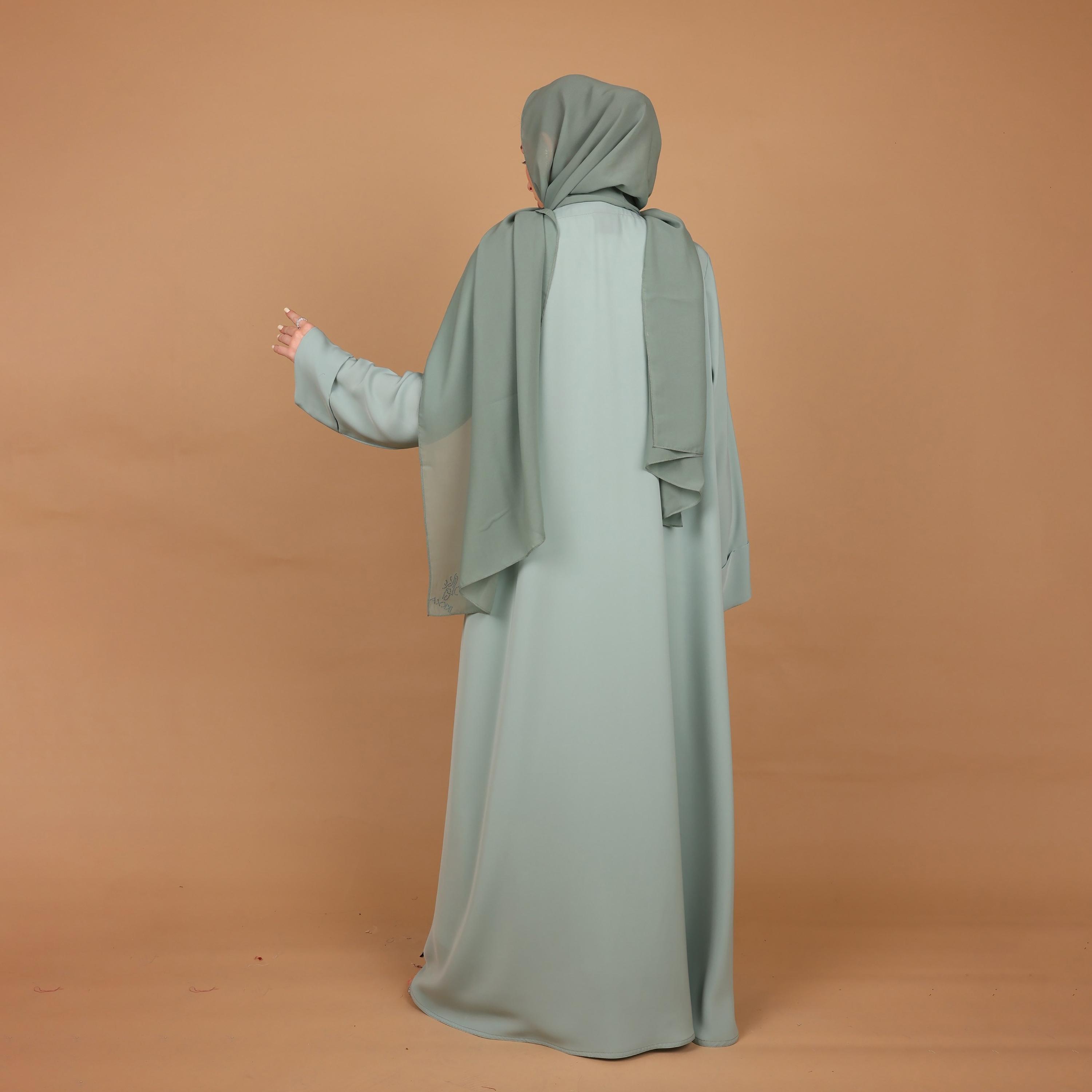 IKKXA Green Floral Lace Nida Women's Abaya with Hijab-women-arabicclothing-abayas-image-4