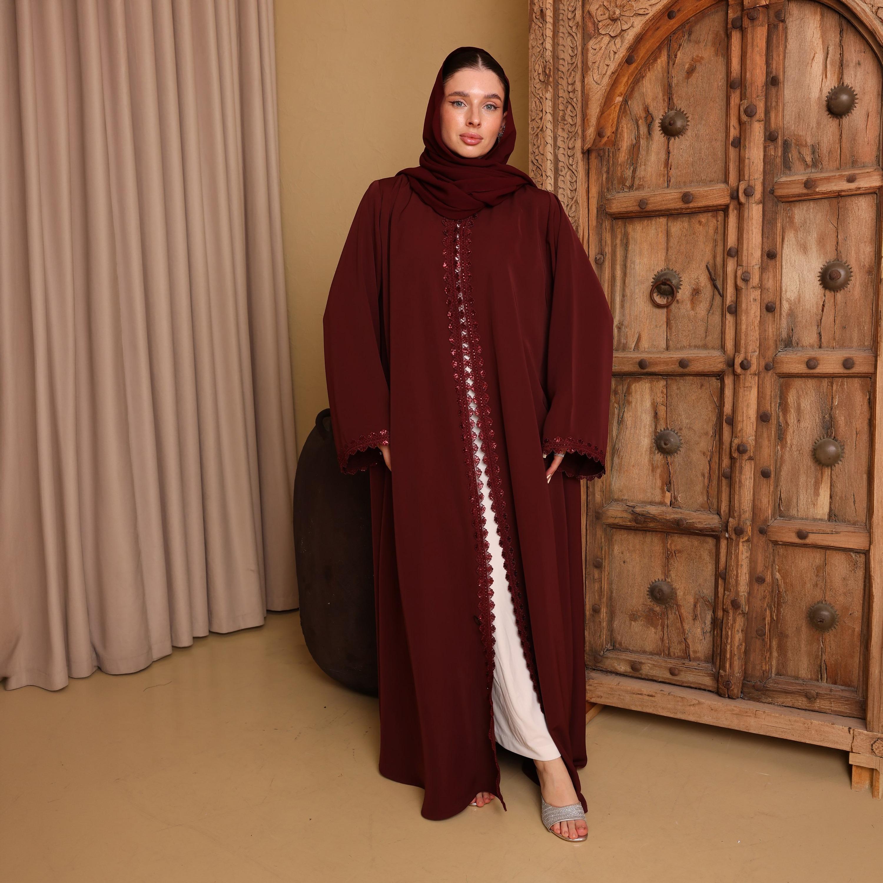 IKKXA Red Lace Detailed Wide Sleeves Nida Women's Abaya with Hijab-women-arabicclothing-abayas-image-1