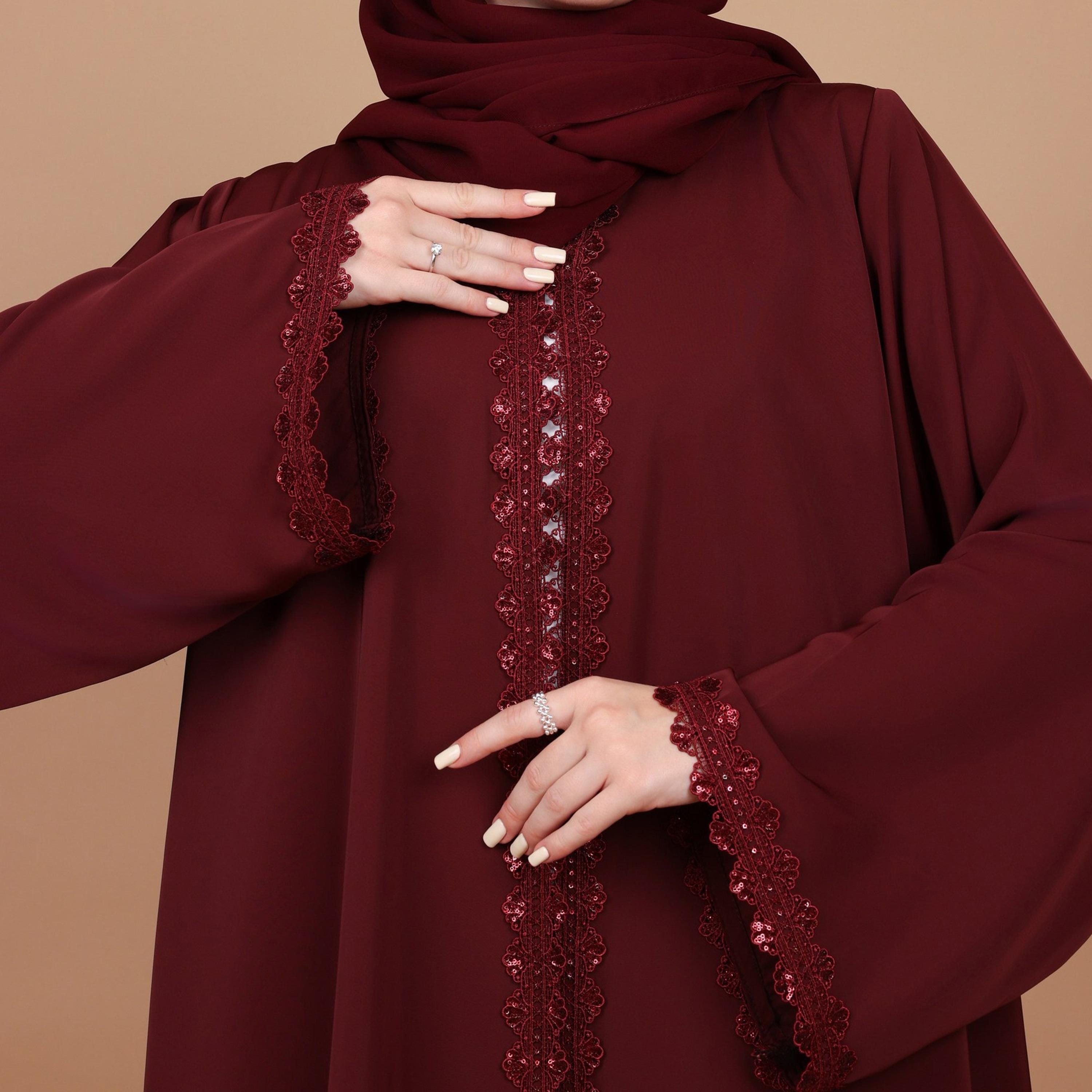 IKKXA Red Lace Detailed Wide Sleeves Nida Women's Abaya with Hijab-women-arabicclothing-abayas-image-2