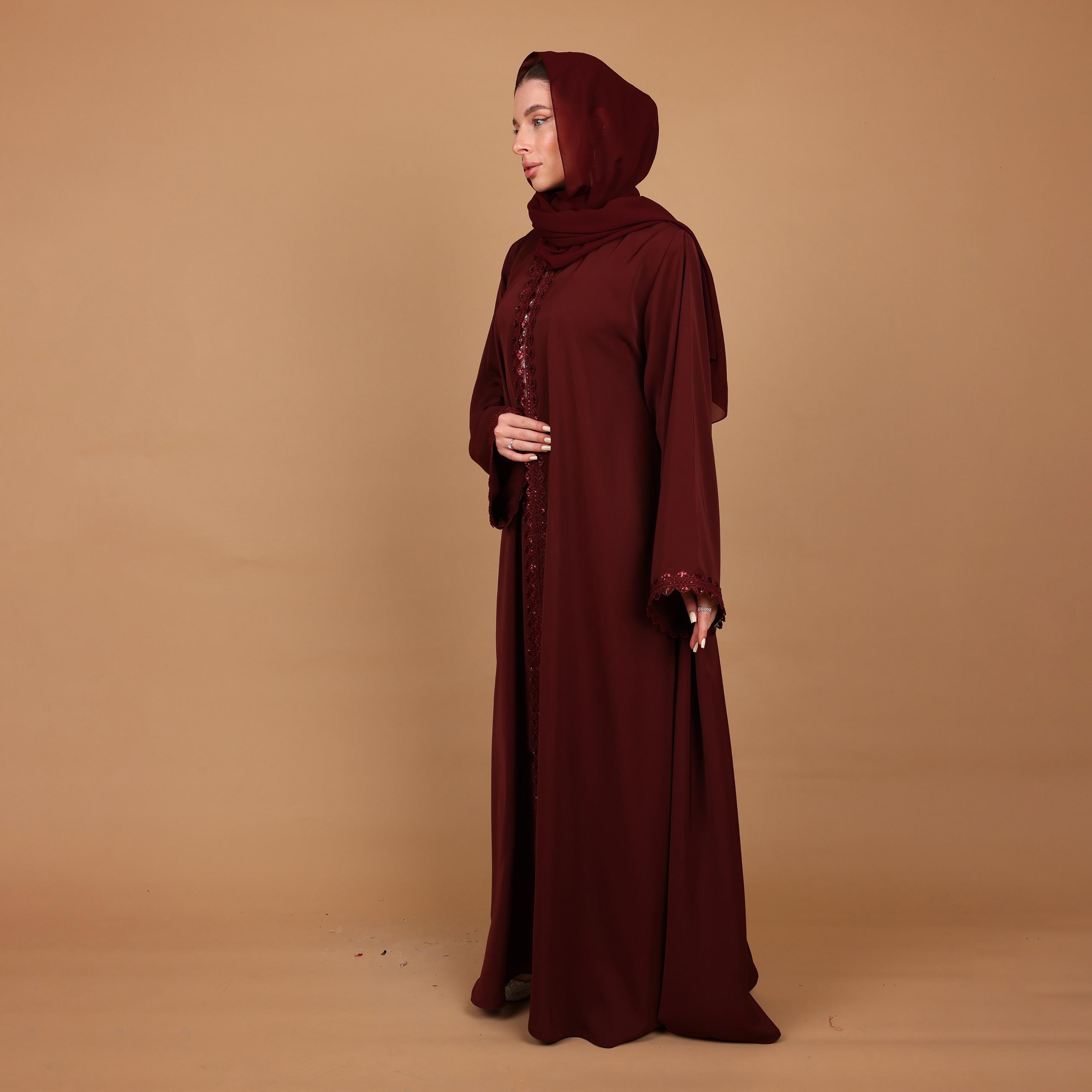 IKKXA Red Lace Detailed Wide Sleeves Nida Women's Abaya with Hijab-women-arabicclothing-abayas-image-3
