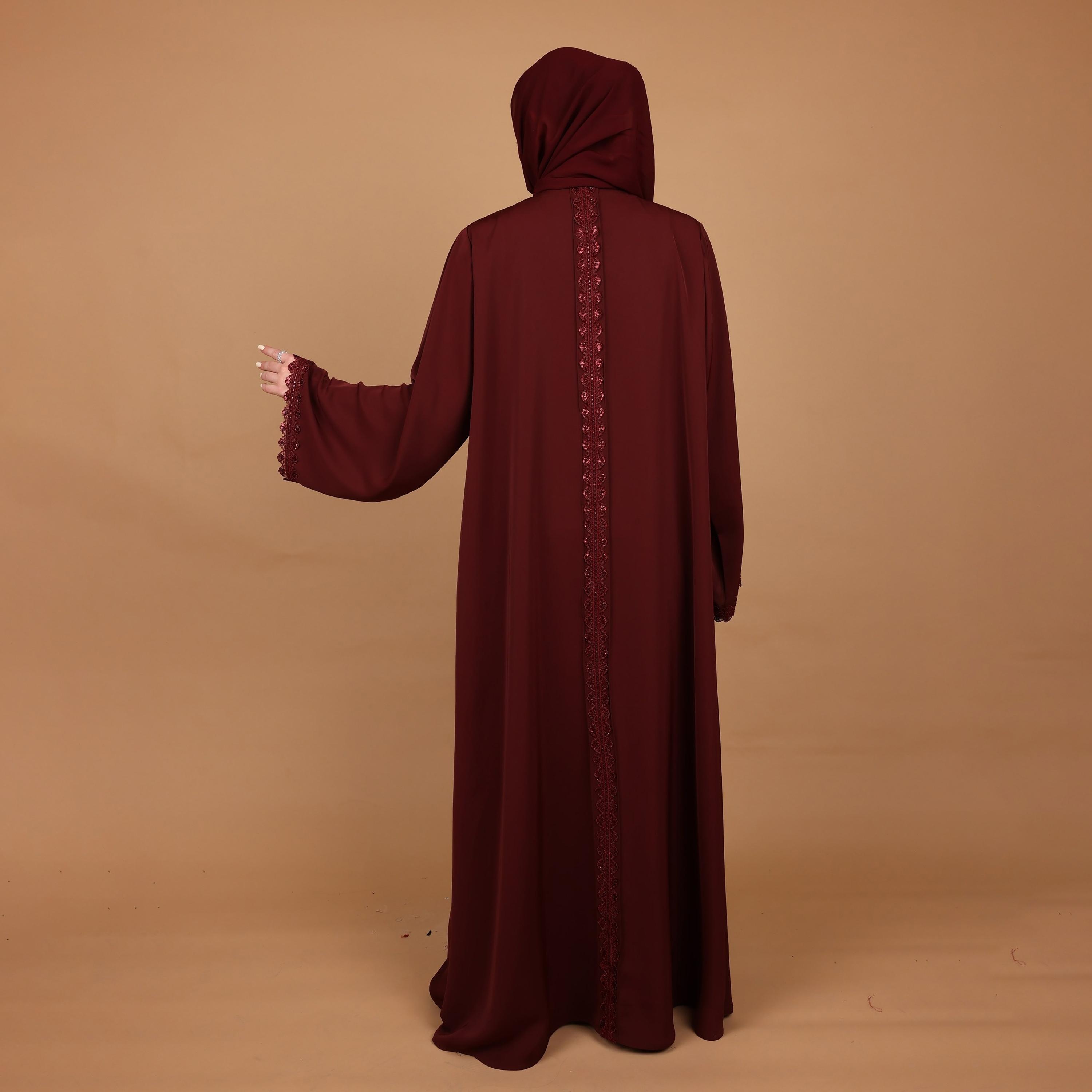 IKKXA Red Lace Detailed Wide Sleeves Nida Women's Abaya with Hijab-women-arabicclothing-abayas-image-4