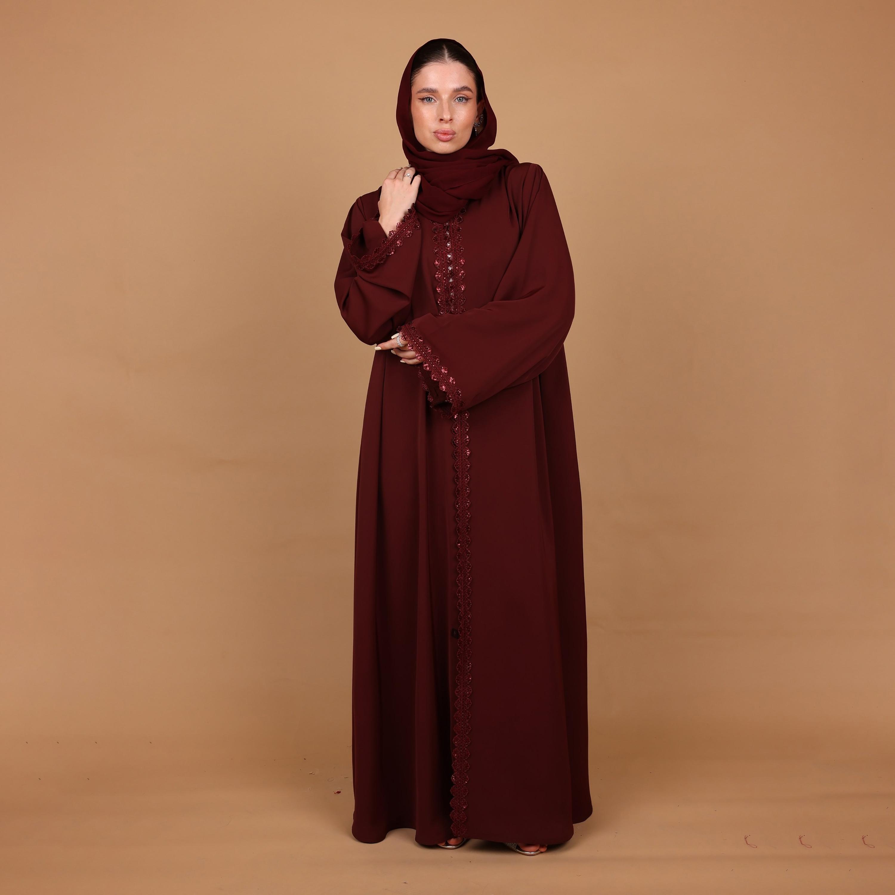 IKKXA Red Lace Detailed Wide Sleeves Nida Women's Abaya with Hijab-women-arabicclothing-abayas-image-5