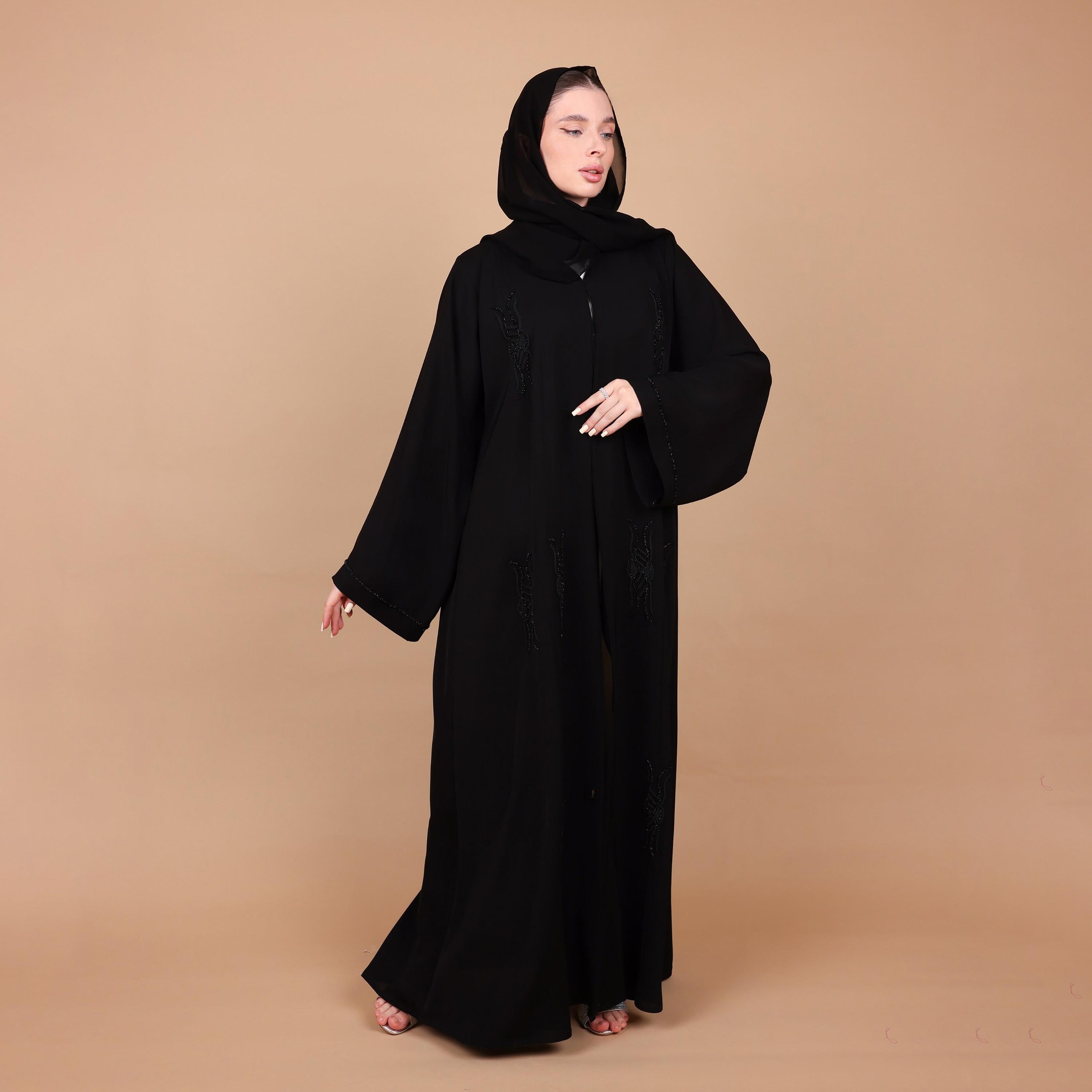 عباية سهرة نسائية من قماش الندا مزينة بالخرز مع أكمام واسعة وحجاب باللون الأسود من إككسا-women-arabicclothing-abayas-image-5