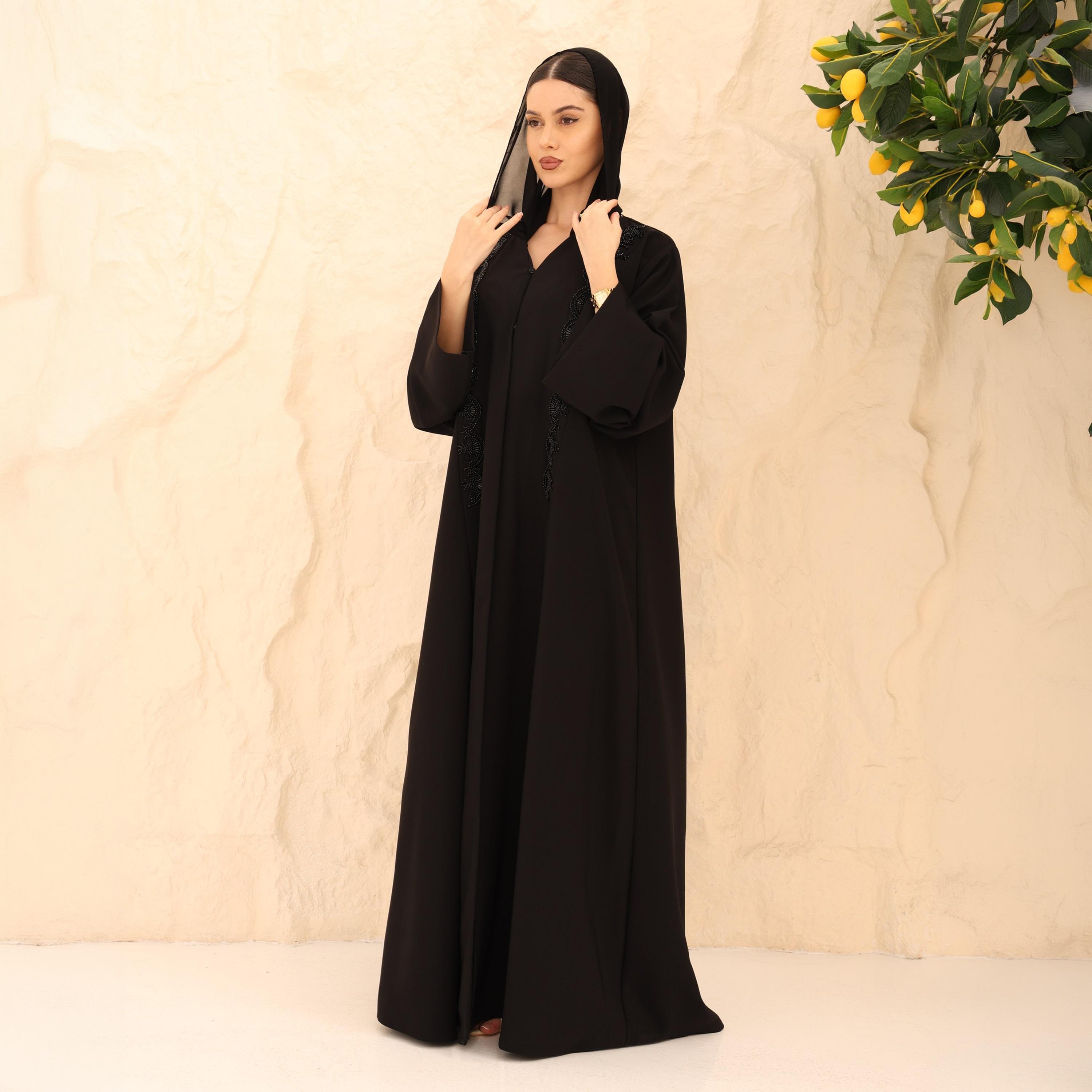 IKKXA Black Beaded Front Wide Sleeves Nida Women's Abaya with Hijab-women-arabicclothing-abayas-image-1