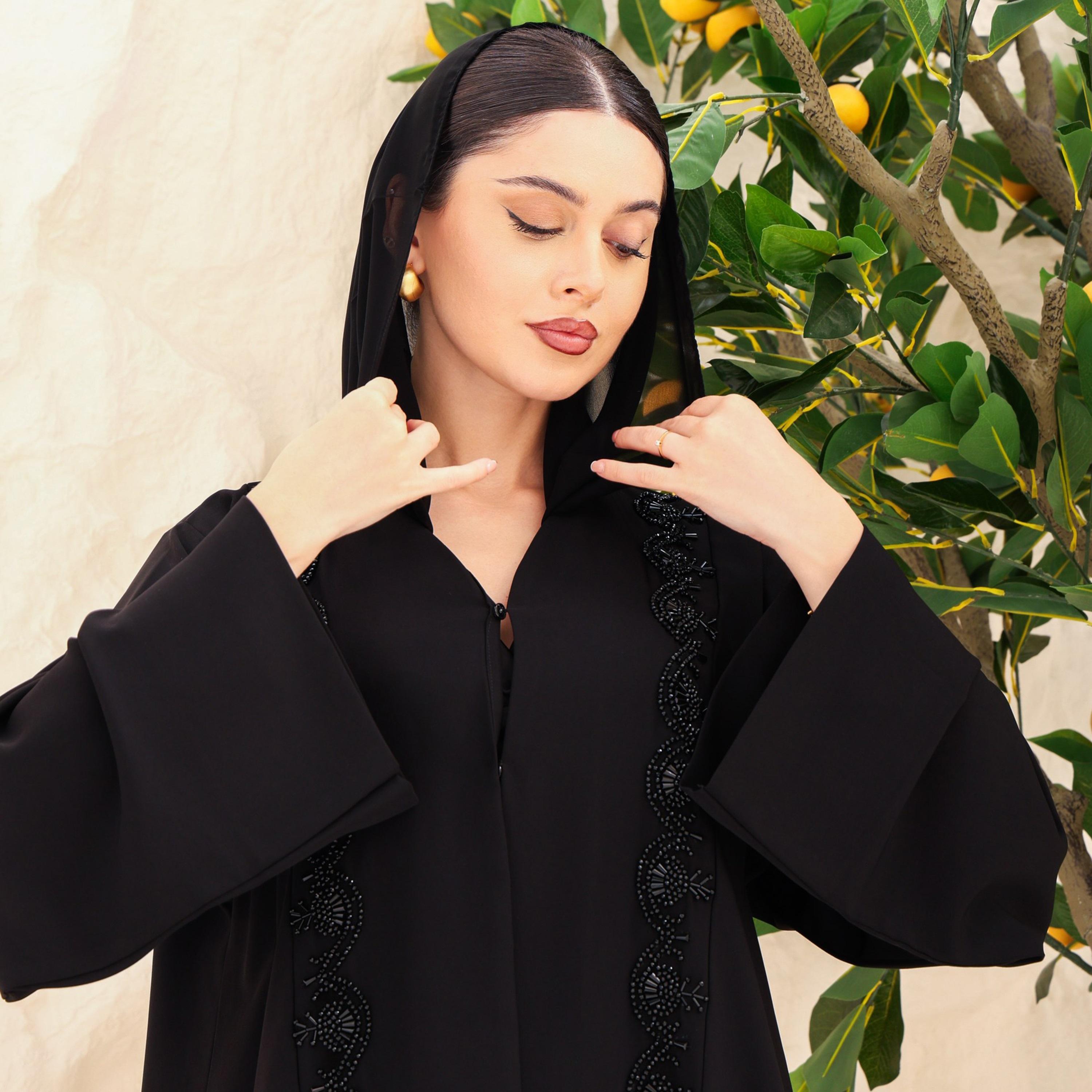 IKKXA Black Beaded Front Wide Sleeves Nida Women's Abaya with Hijab-women-arabicclothing-abayas-image-2