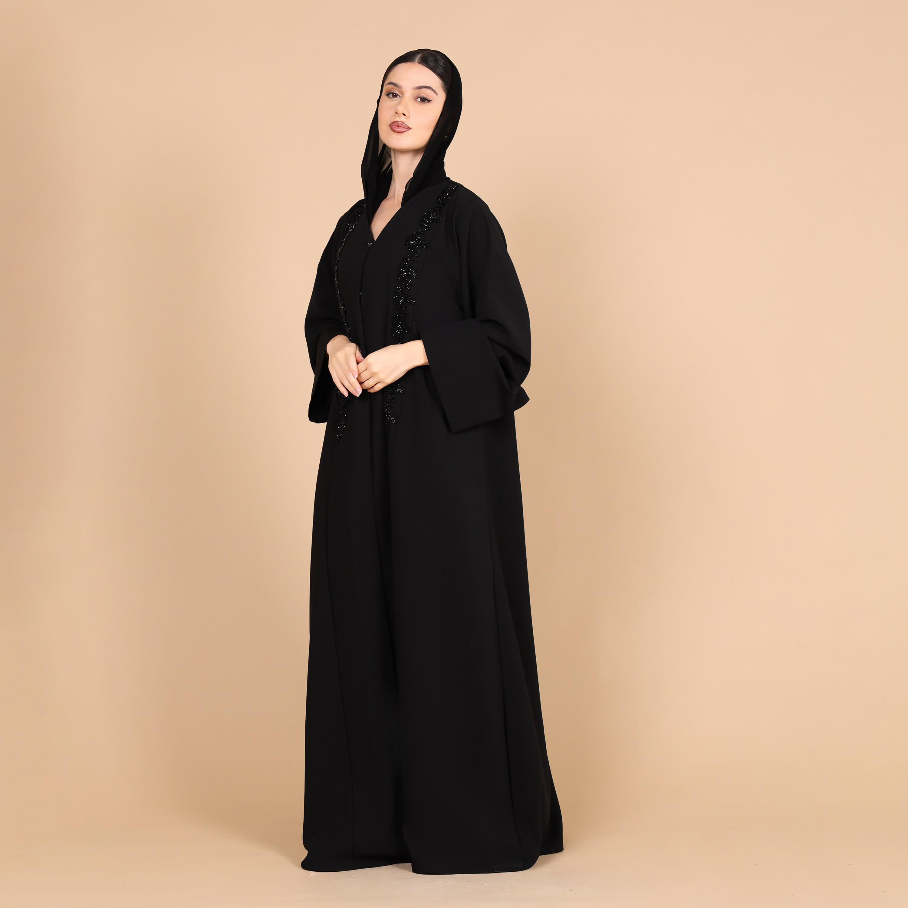IKKXA Black Beaded Front Wide Sleeves Nida Women's Abaya with Hijab-women-arabicclothing-abayas-image-3