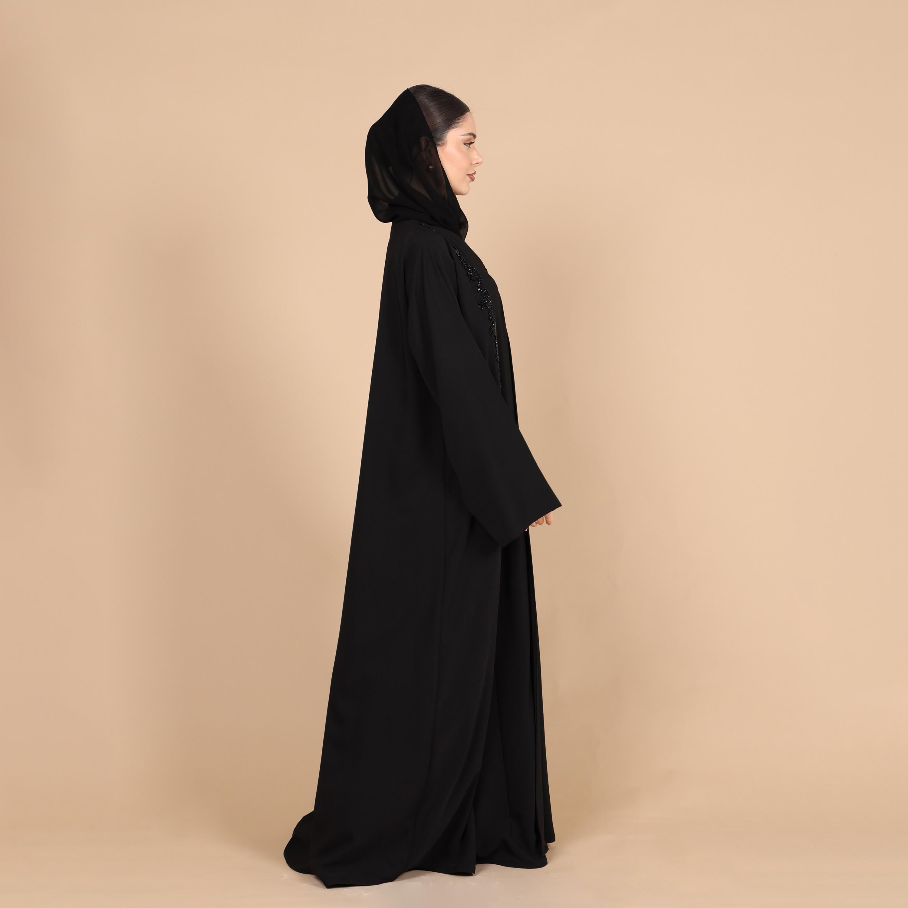 IKKXA Black Beaded Front Wide Sleeves Nida Women's Abaya with Hijab-women-arabicclothing-abayas-image-4