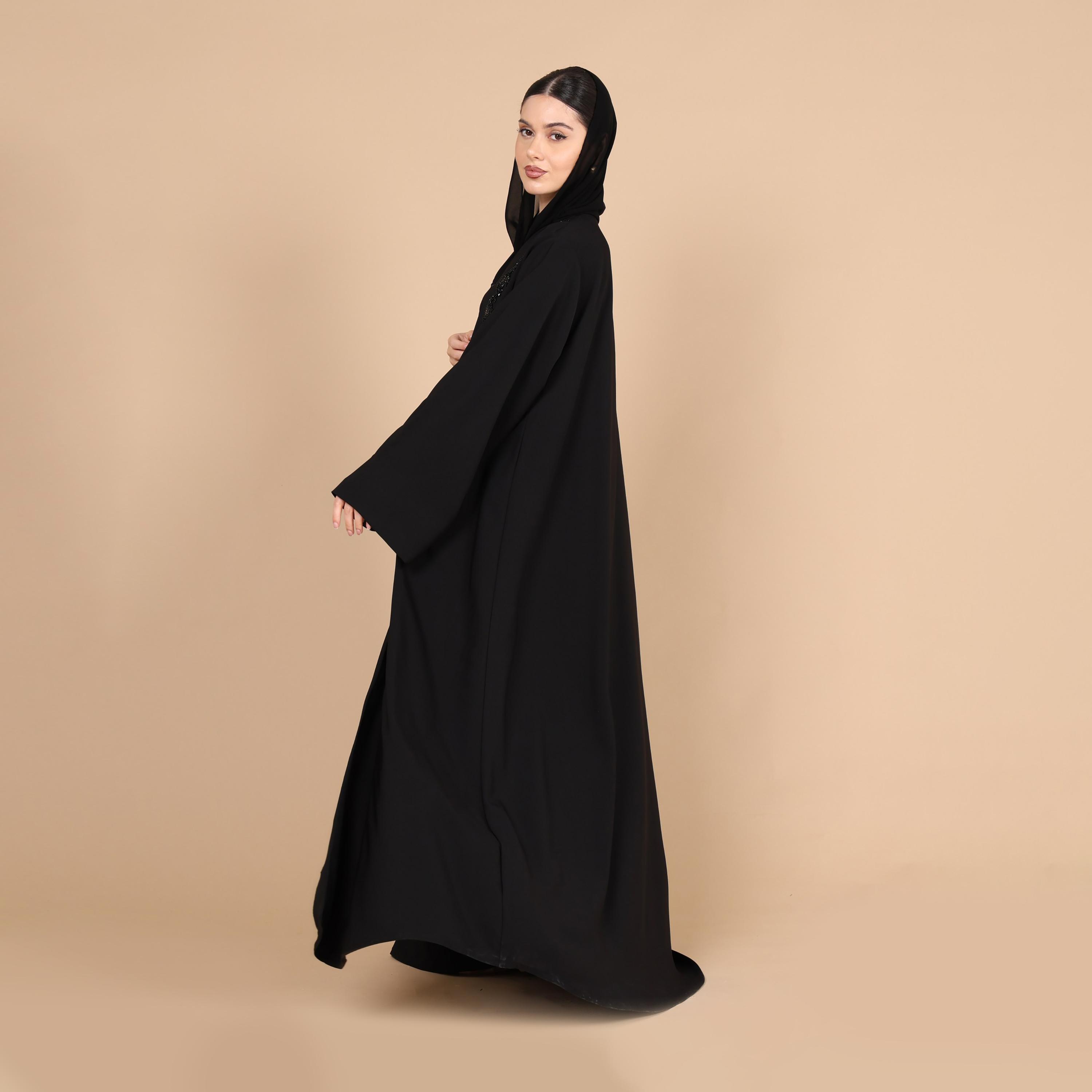 IKKXA Black Beaded Front Wide Sleeves Nida Women's Abaya with Hijab-women-arabicclothing-abayas-image-5