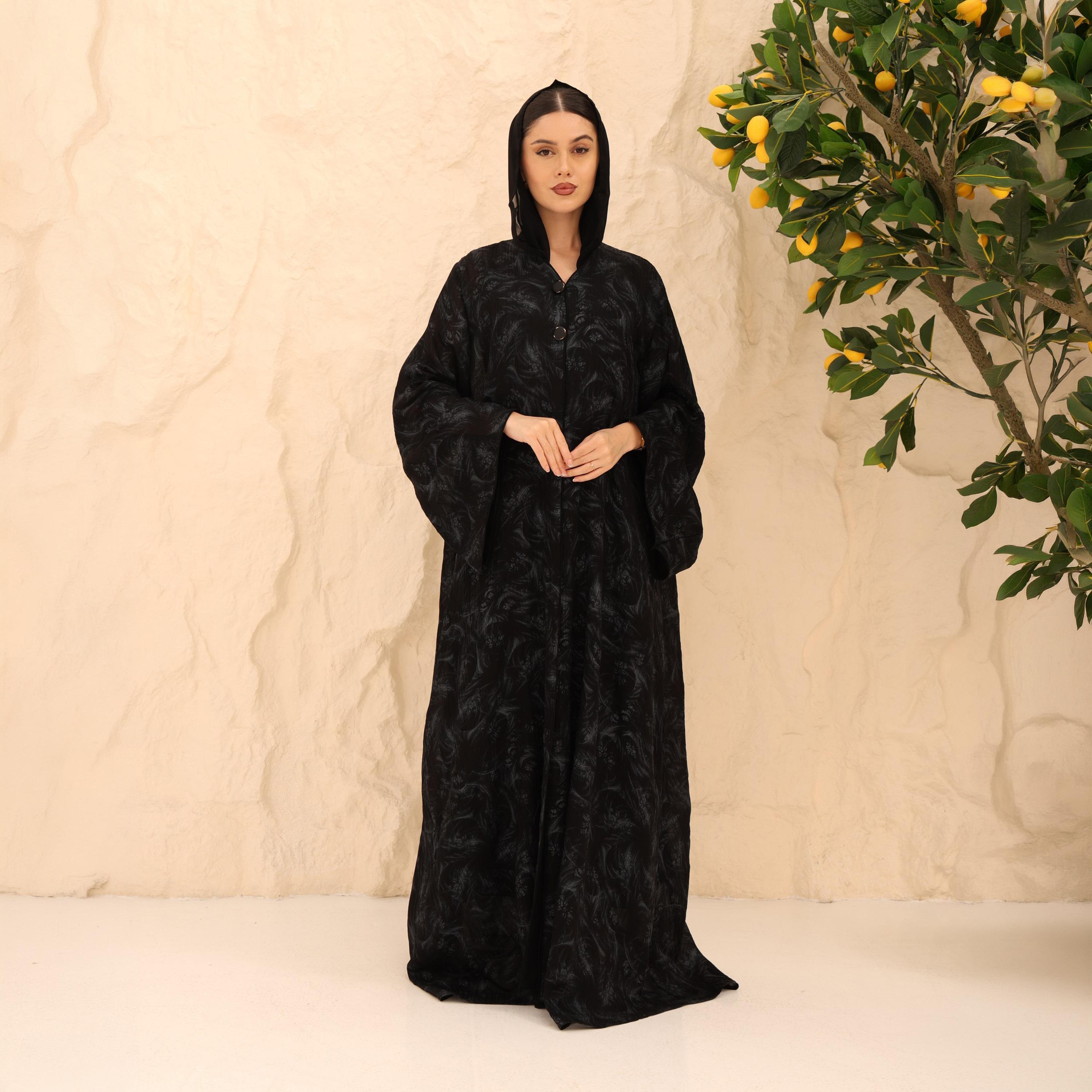IKKXA Abstract Print Flared Sleeves Chiffon Foil Women's Abaya with Hijab-women-arabicclothing-abayas-image-1
