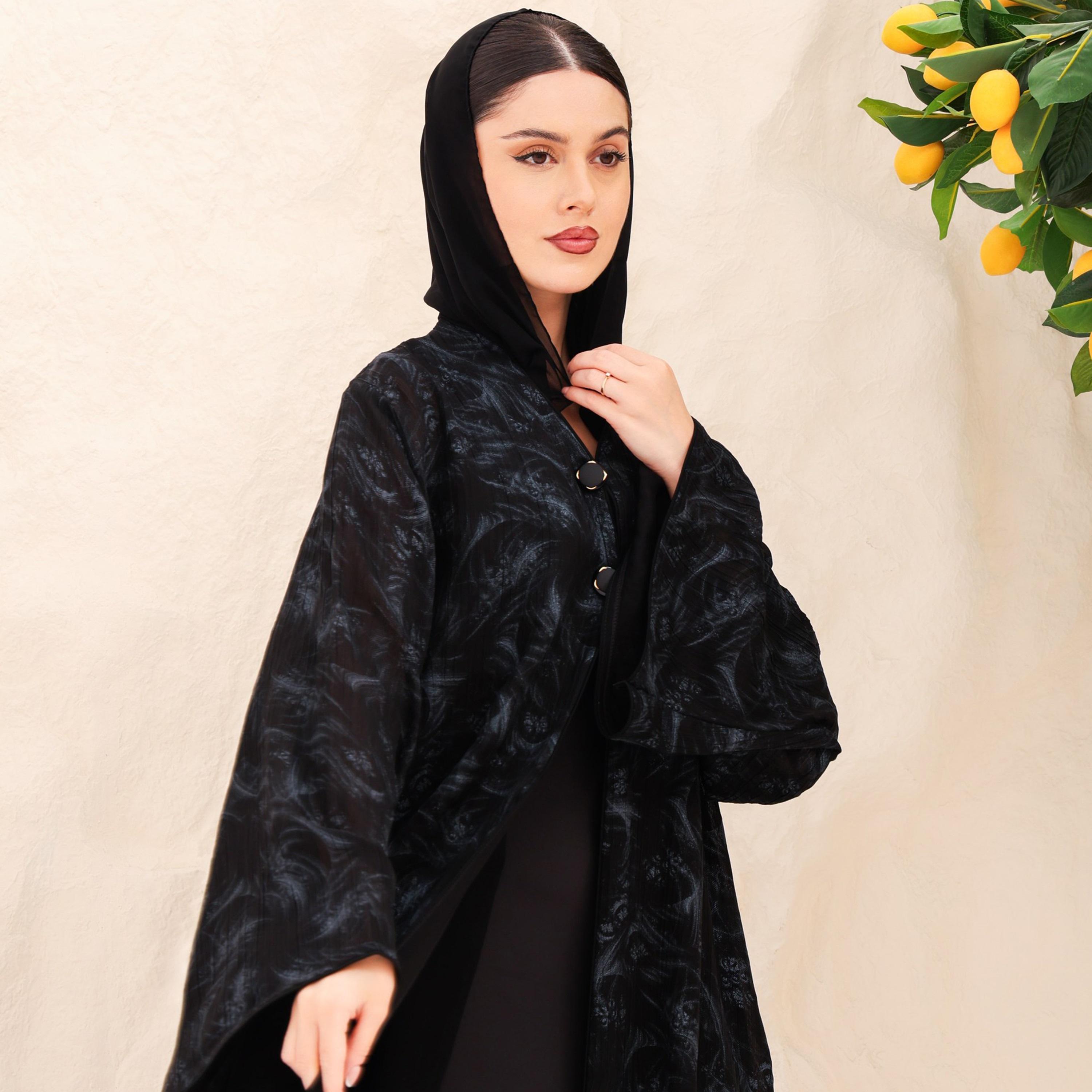 IKKXA Abstract Print Flared Sleeves Chiffon Foil Women's Abaya with Hijab-women-arabicclothing-abayas-image-2