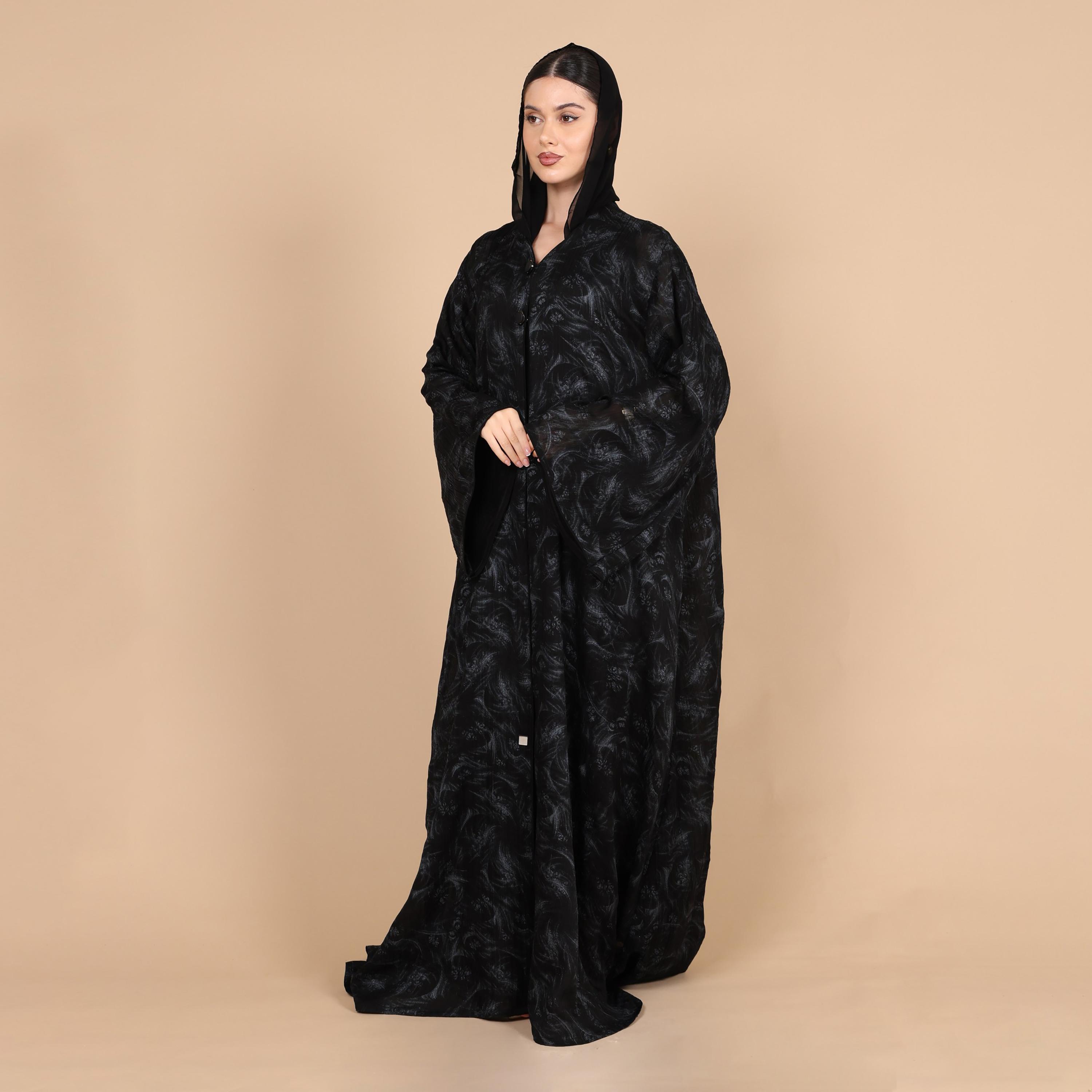 IKKXA Abstract Print Flared Sleeves Chiffon Foil Women's Abaya with Hijab-women-arabicclothing-abayas-image-3