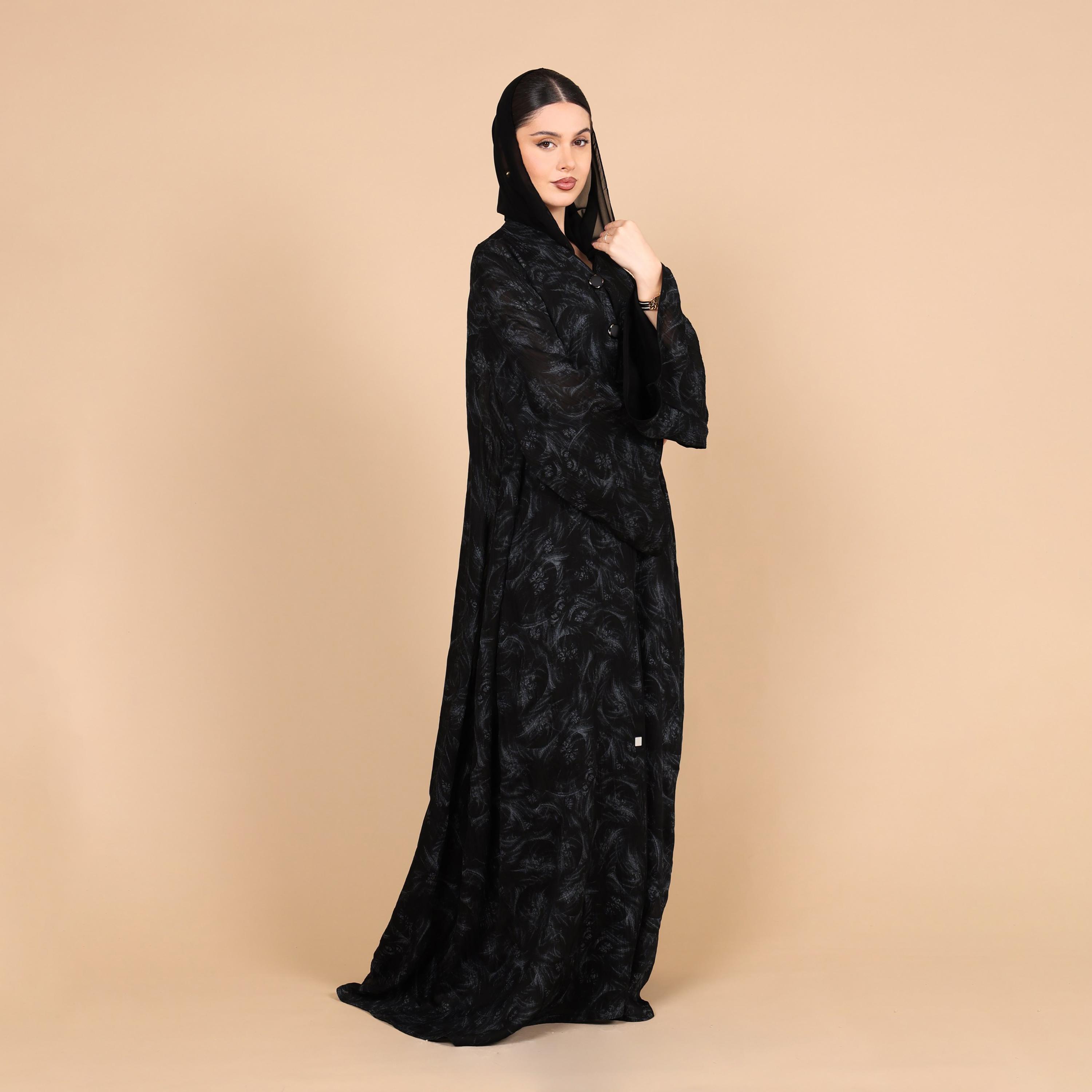IKKXA Abstract Print Flared Sleeves Chiffon Foil Women's Abaya with Hijab-women-arabicclothing-abayas-image-4