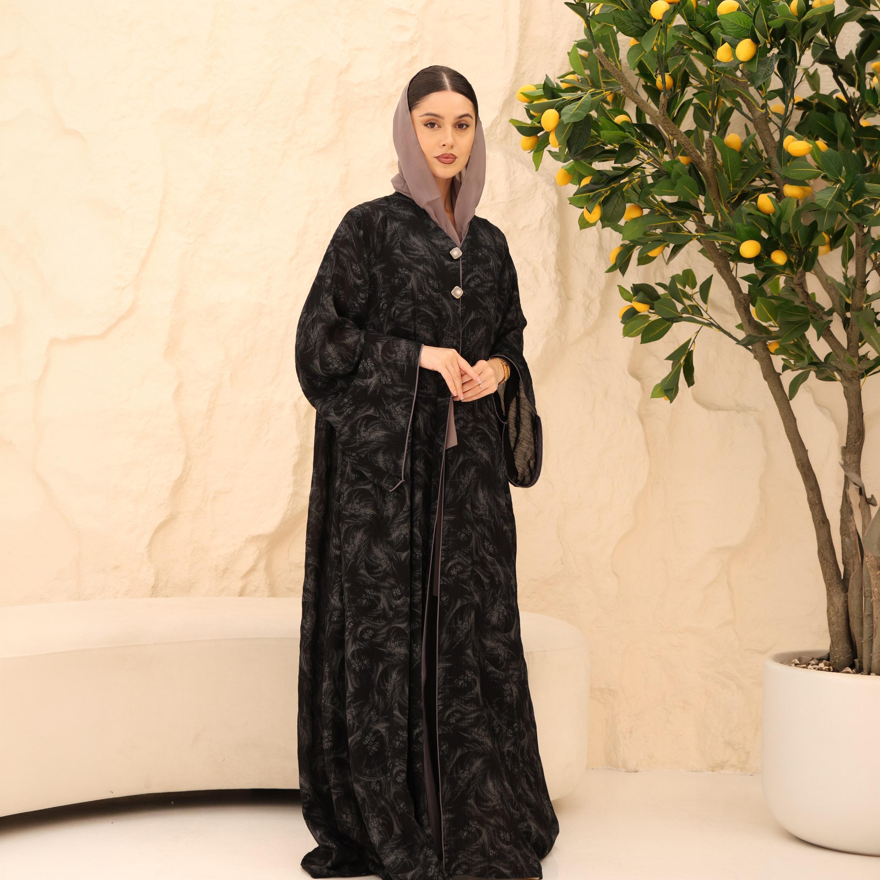 IKKXA Abstract Print Flared Sleeves Chiffon Foil Women's Abaya with Hijab-women-arabicclothing-abayas-image-1