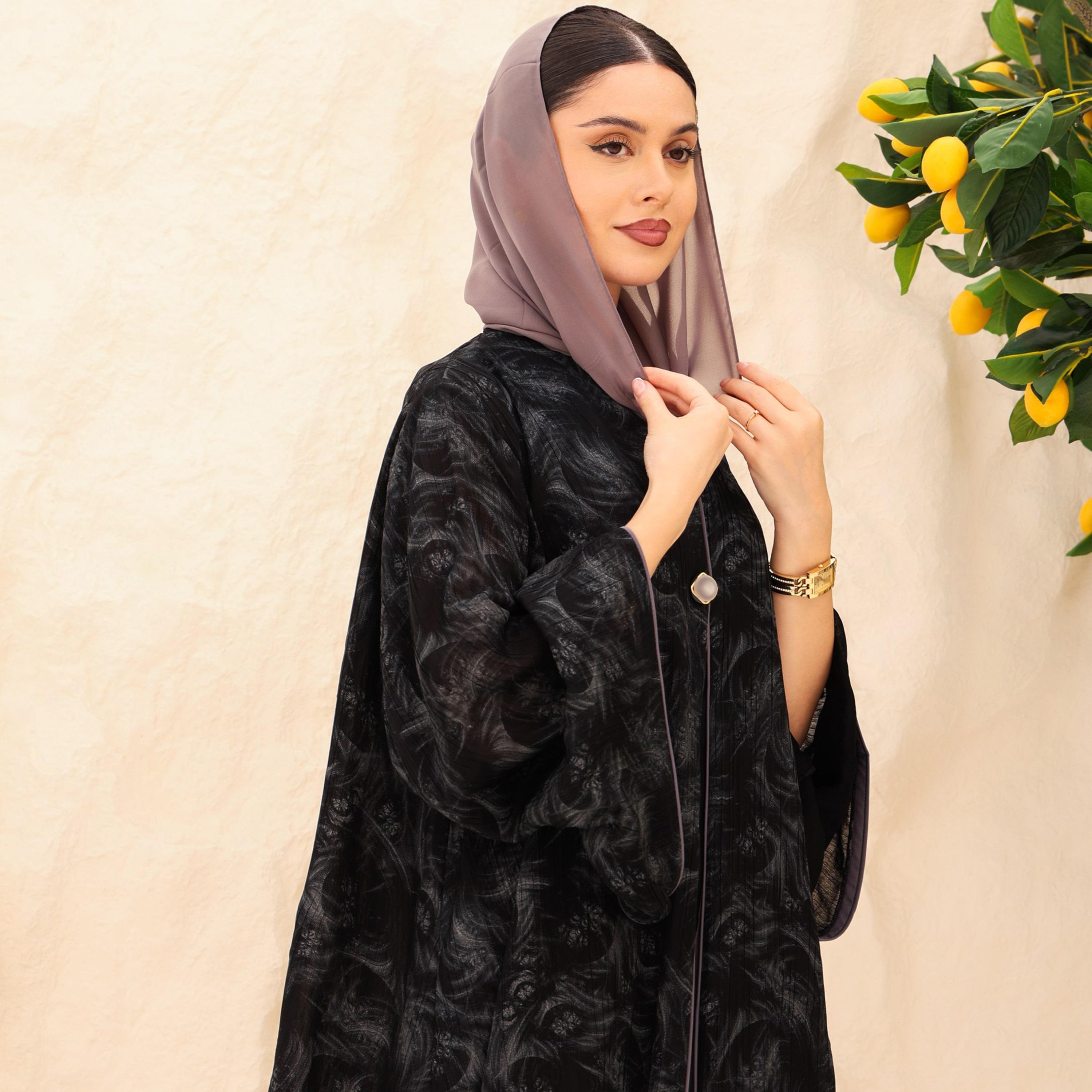 IKKXA Abstract Print Flared Sleeves Chiffon Foil Women's Abaya with Hijab-women-arabicclothing-abayas-image-2