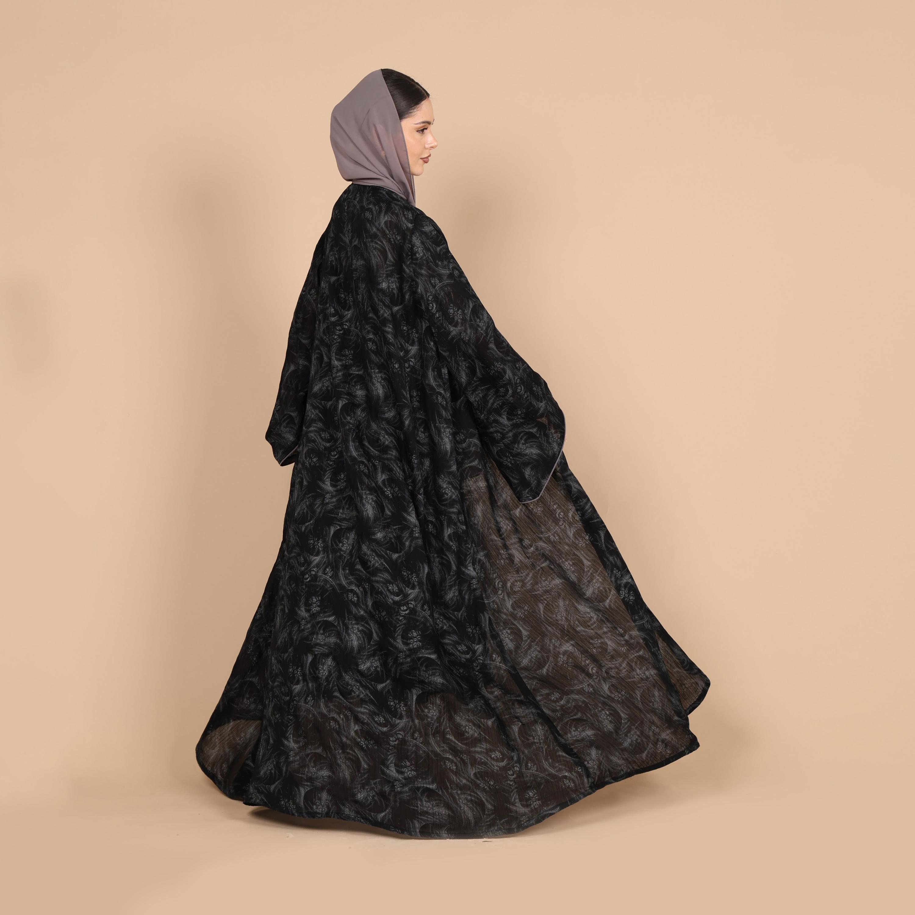 IKKXA Abstract Print Flared Sleeves Chiffon Foil Women's Abaya with Hijab-women-arabicclothing-abayas-image-4