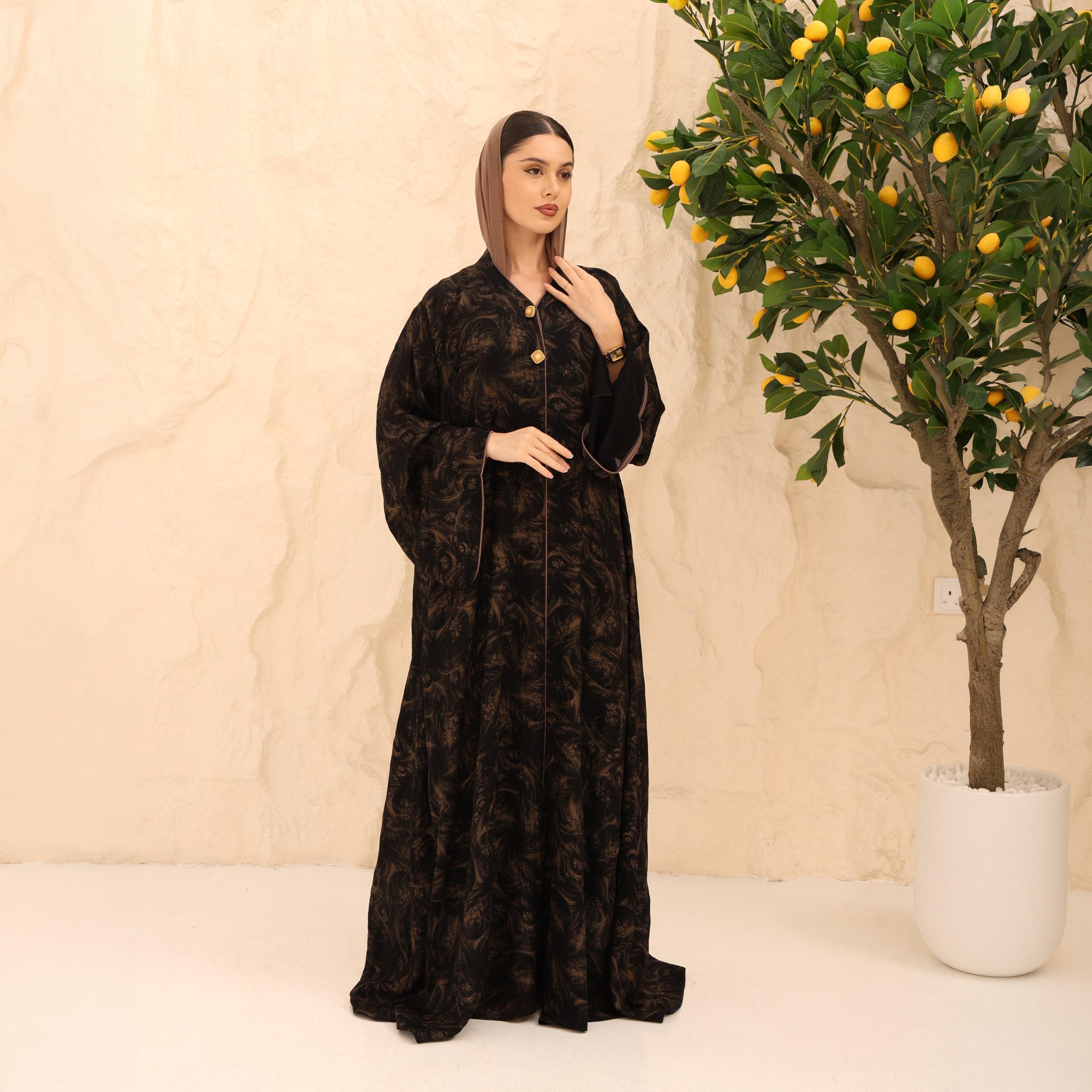 IKKXA Abstract Print Flared Sleeves Chiffon Foil Women's Abaya with Hijab-women-arabicclothing-abayas-image-1