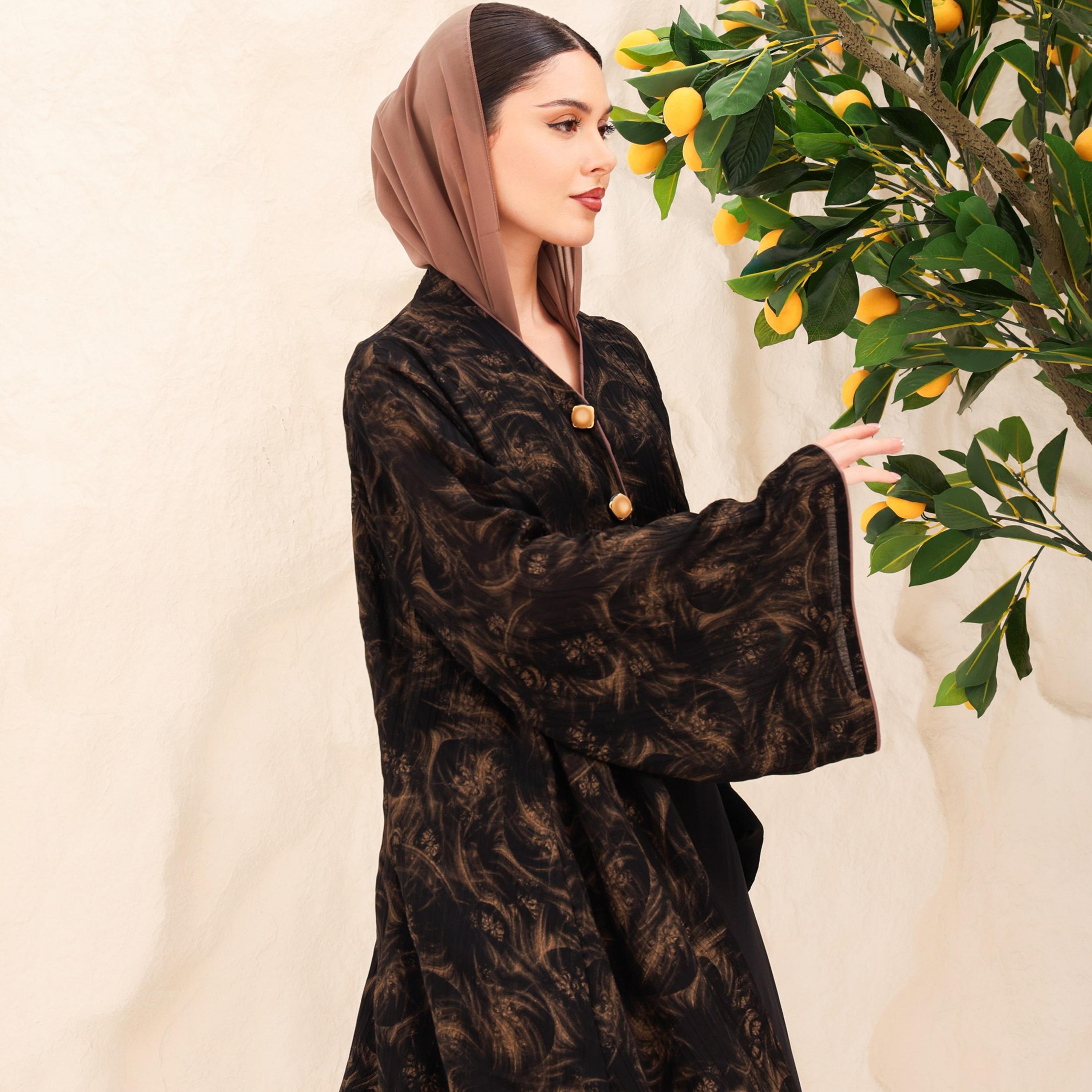 IKKXA Abstract Print Flared Sleeves Chiffon Foil Women's Abaya with Hijab-women-arabicclothing-abayas-image-2