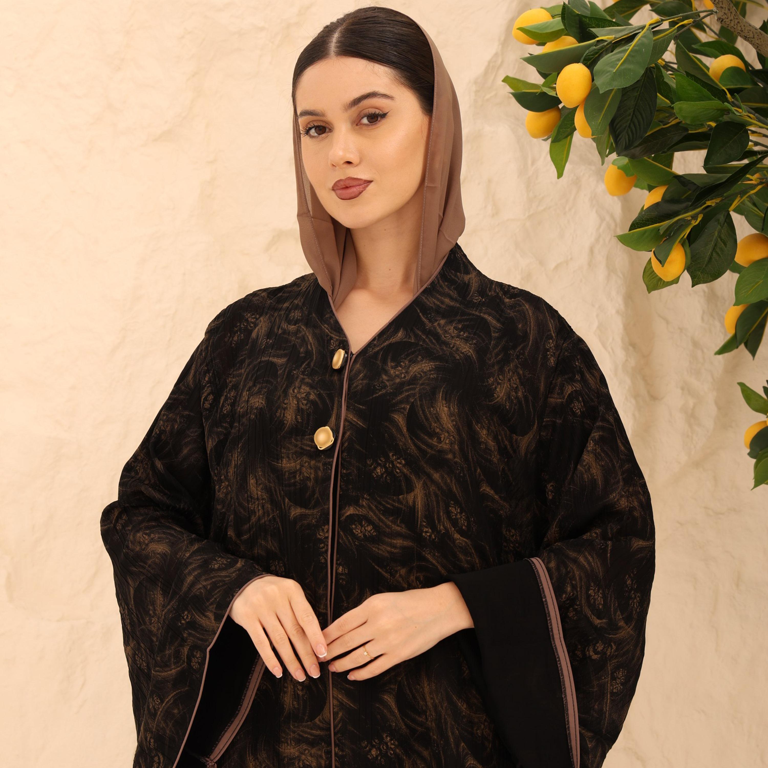 IKKXA Abstract Print Flared Sleeves Chiffon Foil Women's Abaya with Hijab-women-arabicclothing-abayas-image-3